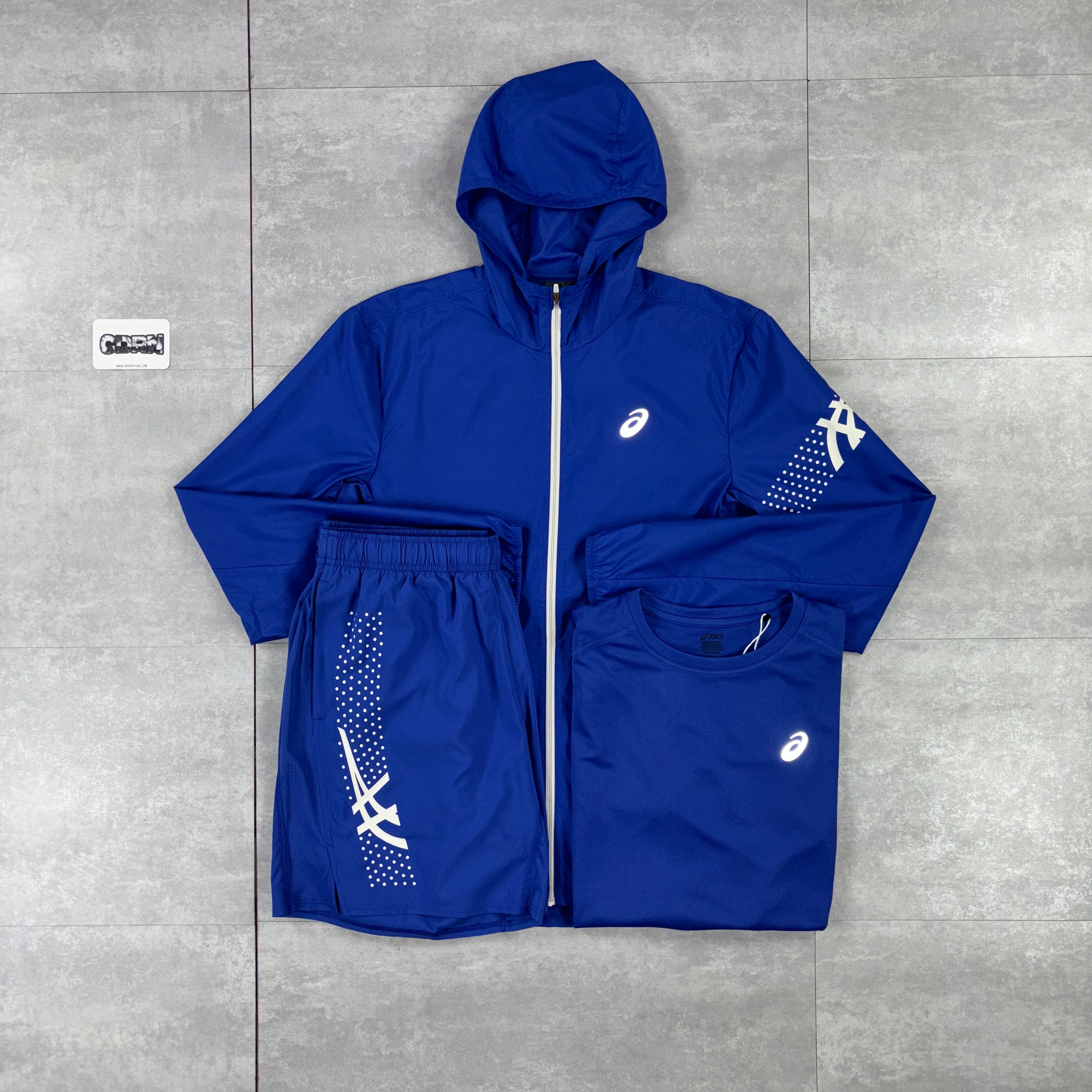 Asics Icon Windbreaker Jacket Dark Cobalt, Dark Cobalt Icon T-Shirt & Dark Cobalt Icon Performance Shorts Set