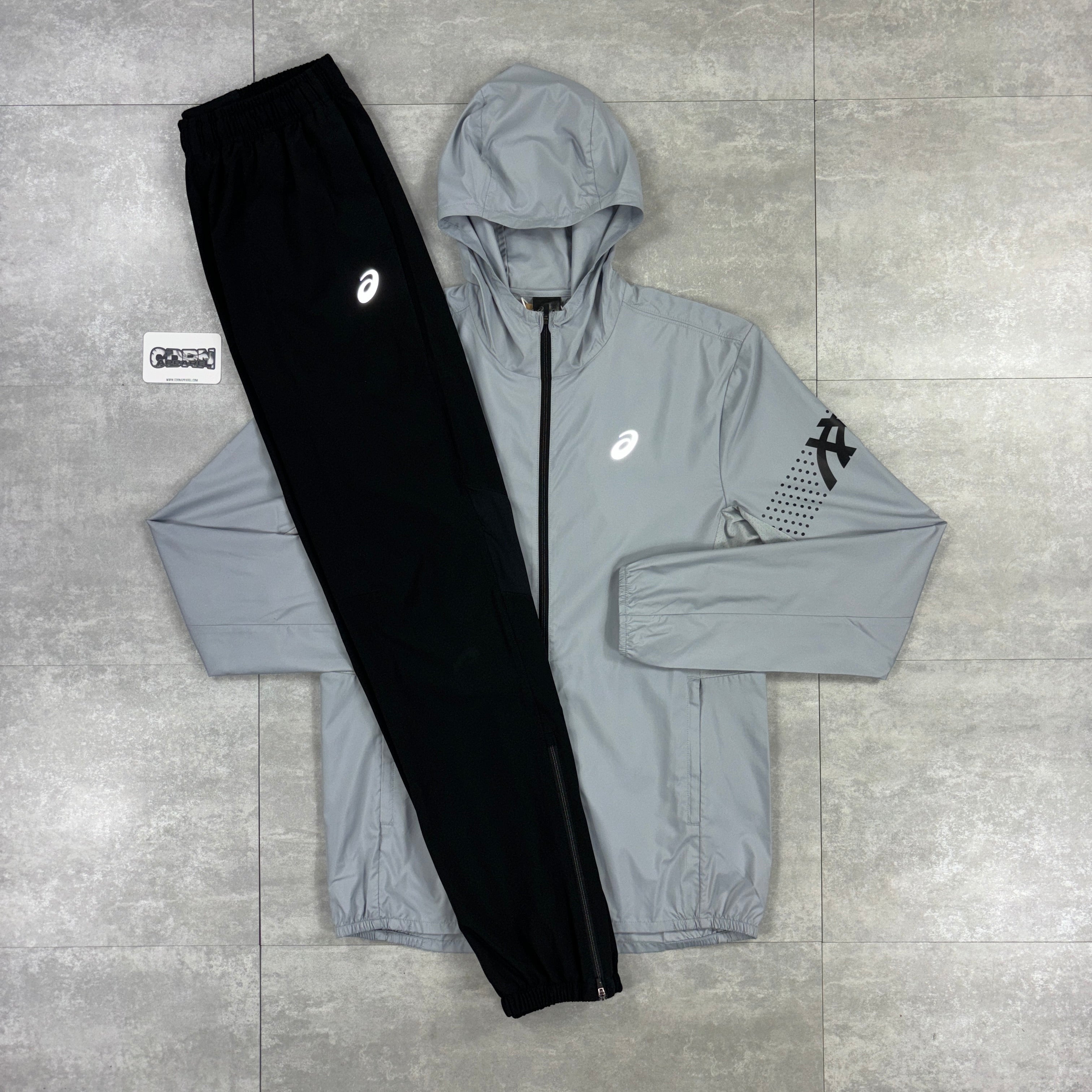 Asics Icon Windbreaker Jacket Steel Grey & Black Asics Challenger Pants Set