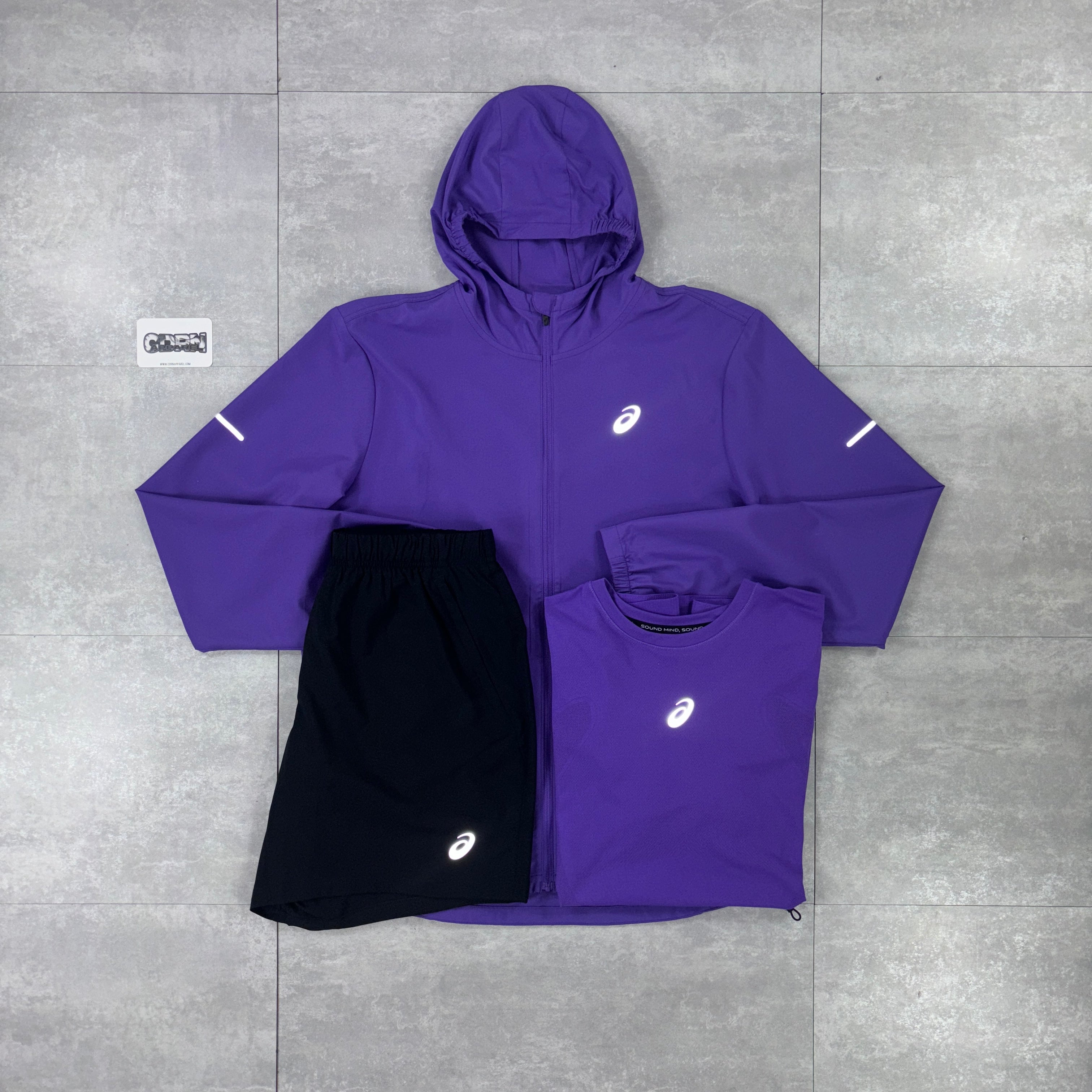 Asics Repel Windbreaker Jacket Deep Purple, Purple Seamless T-Shirt & Black Asics Performance Shorts Set