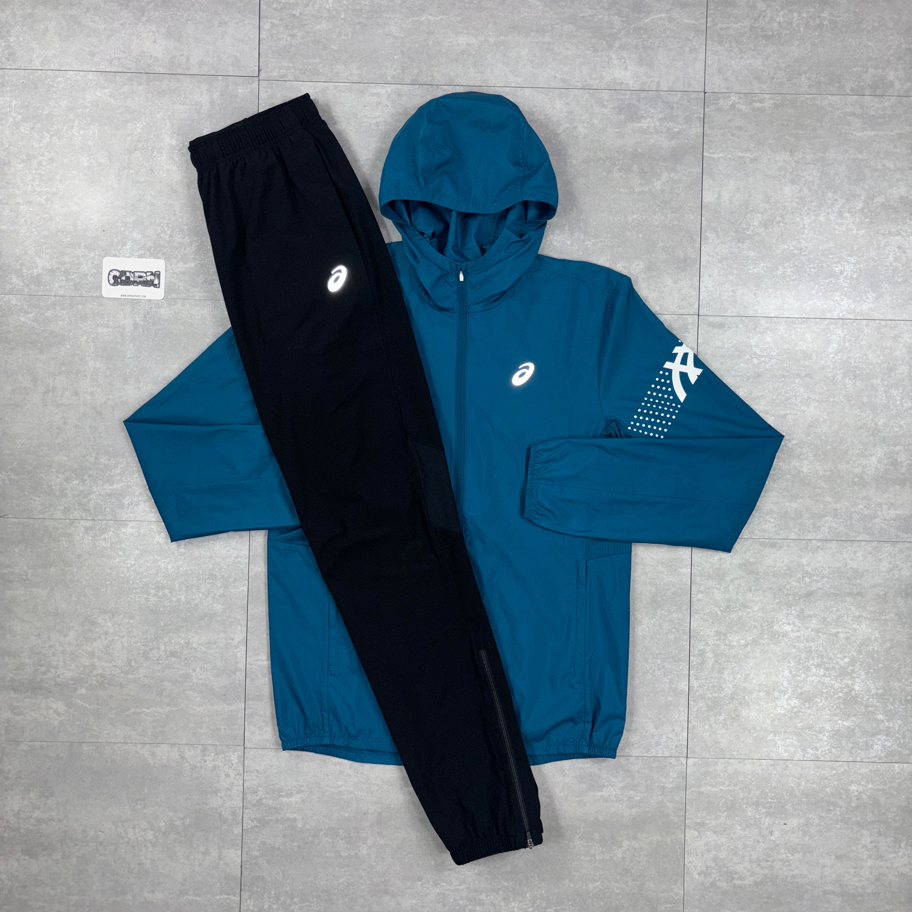 Asics Icon Windbreaker Jacket Dark Teal & Black Asics Challenger Pants Set