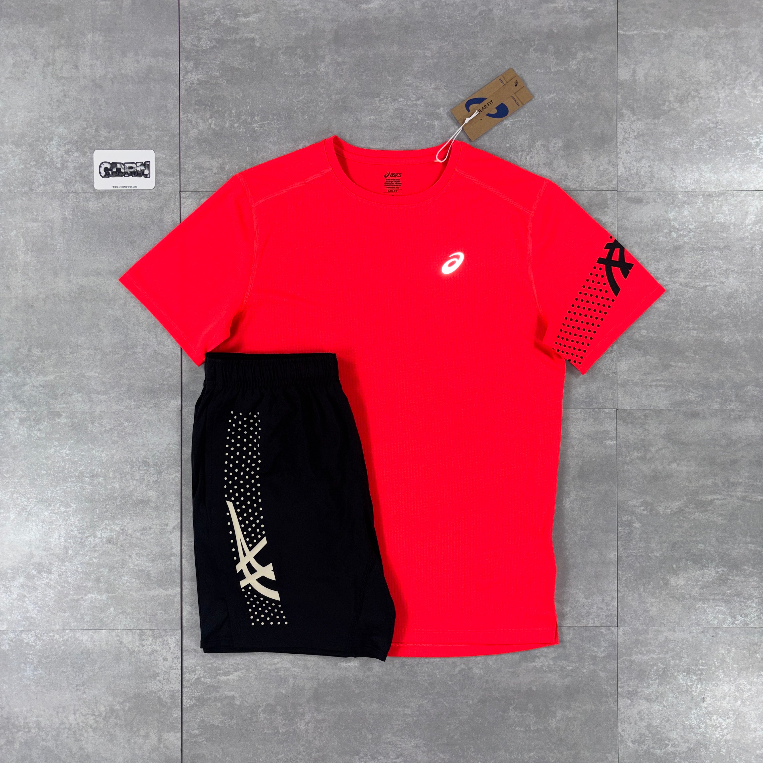 Asics Icon T-Shirt Crimson Red & Black Icon Shorts Set