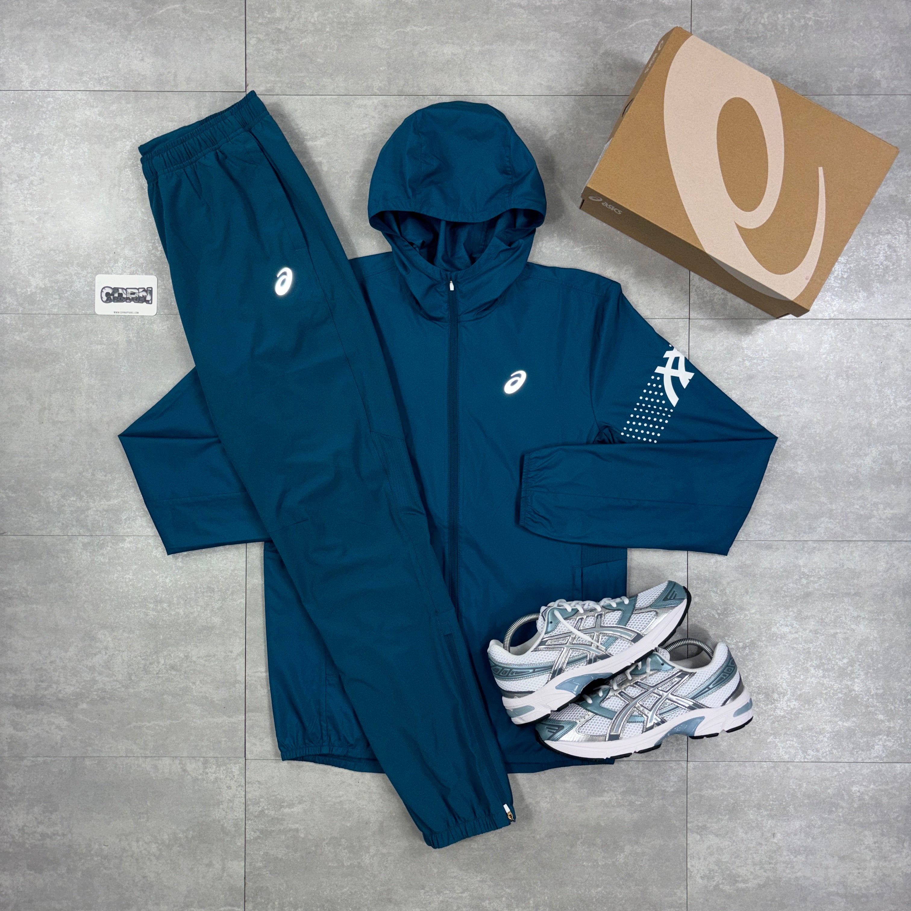 Asics Icon Windbreaker Jacket Dark Teal & Dark Teal Asics Challenger Pants Set