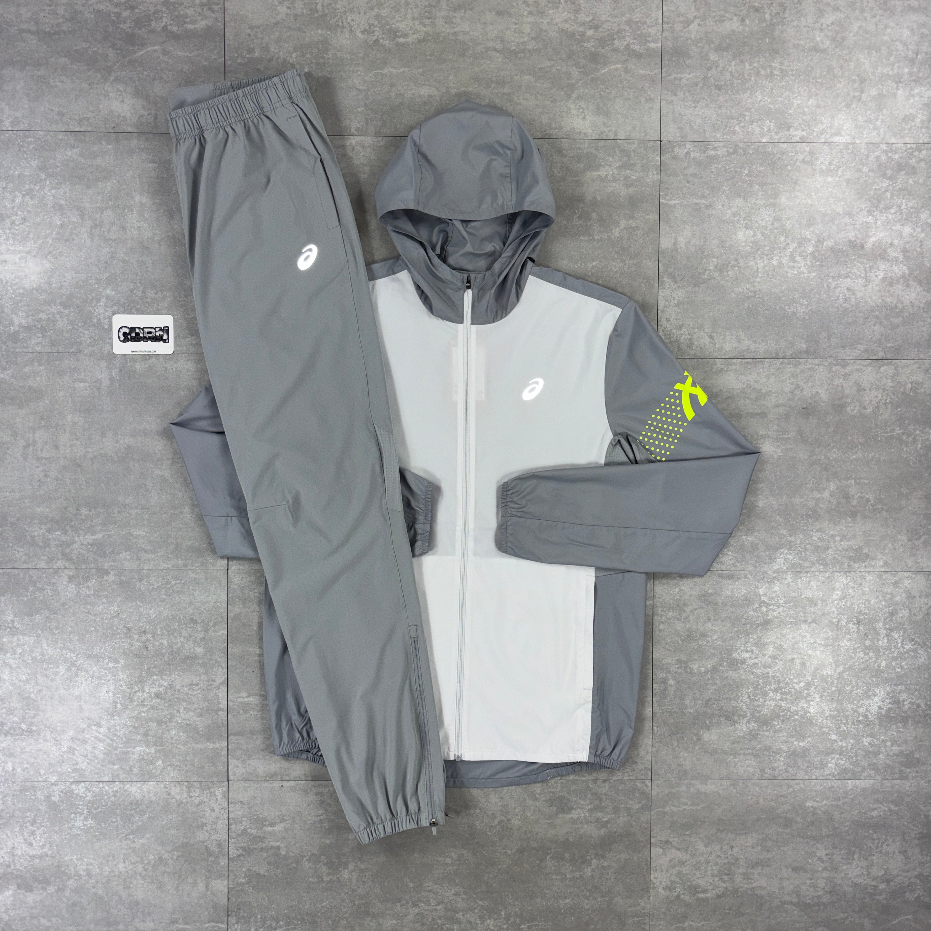 Asics Icon Windbreaker Jacket Grey / Neon, Grey / Neon Icon T-Shirt & Grey Asics Woven Pants Set