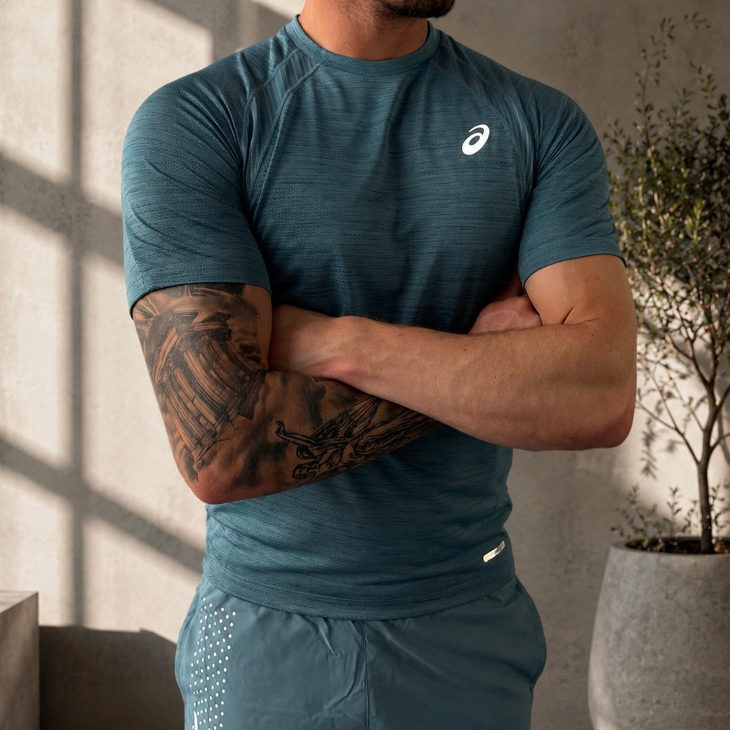 Asics Road Seamless T-Shirt Teal & Teal Asics Icon Shorts Set