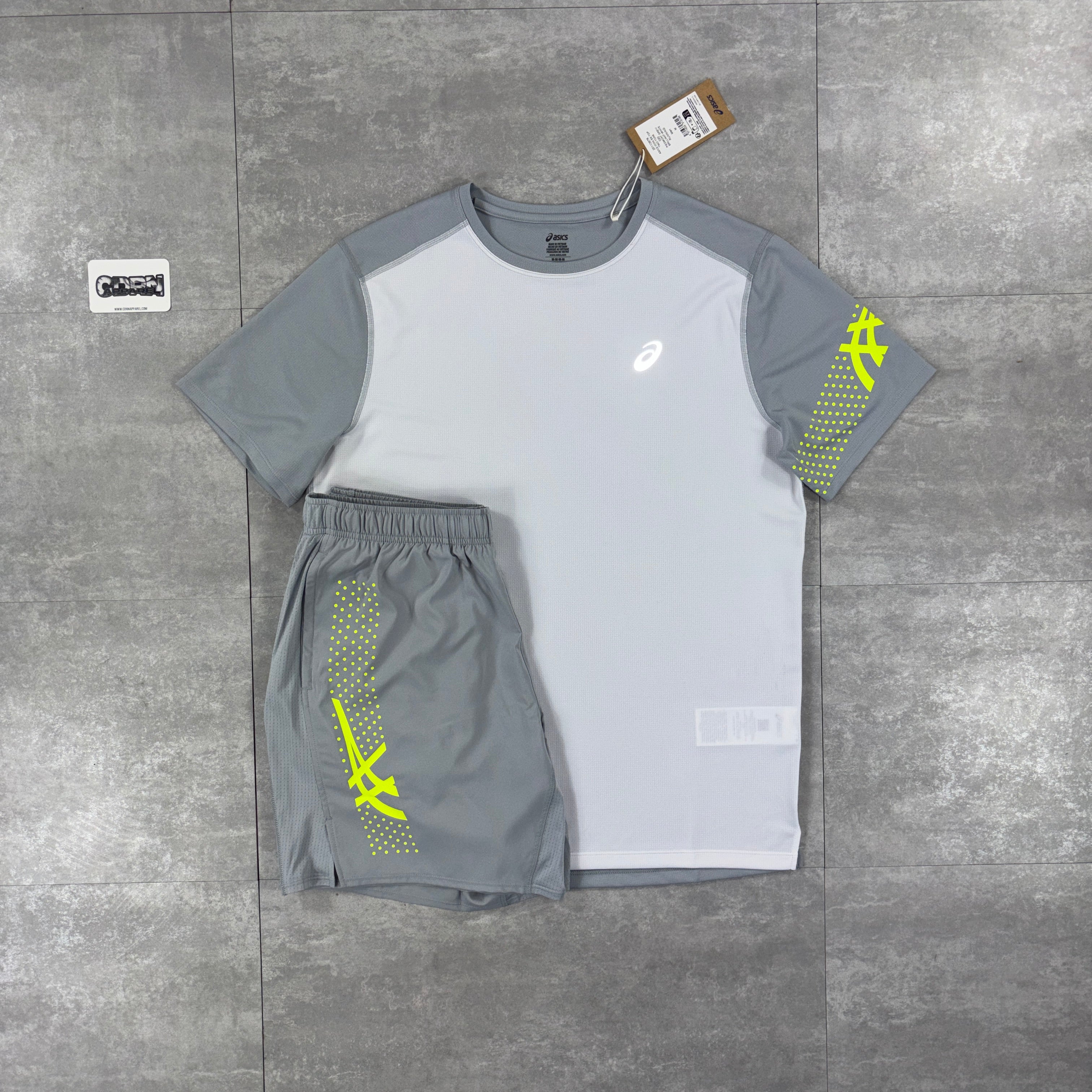 Asics Icon T-Shirt Grey / Neon & Grey / Neon Icon Shorts Set
