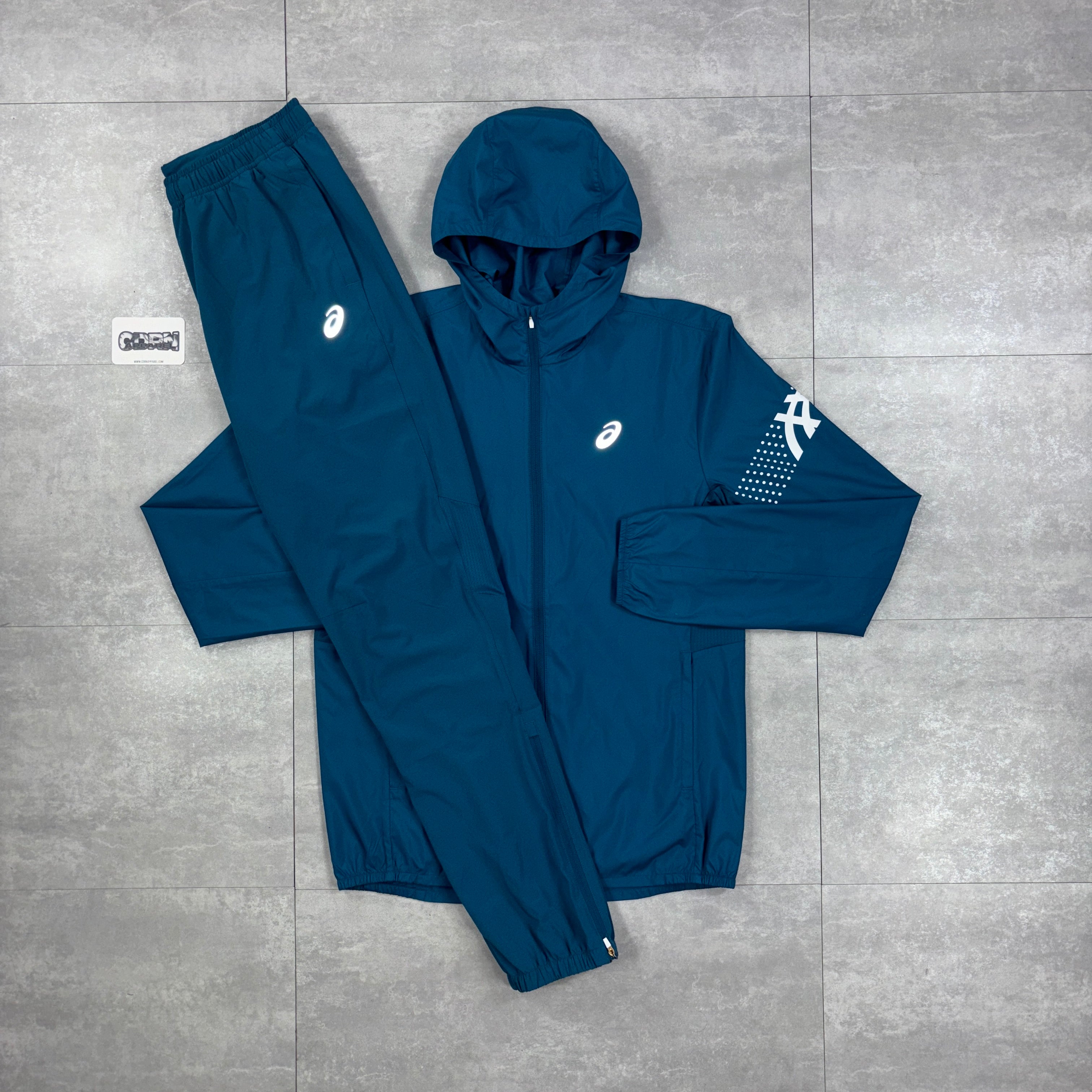 Asics Icon Windbreaker Jacket Dark Teal & Dark Teal Asics Challenger Pants Set