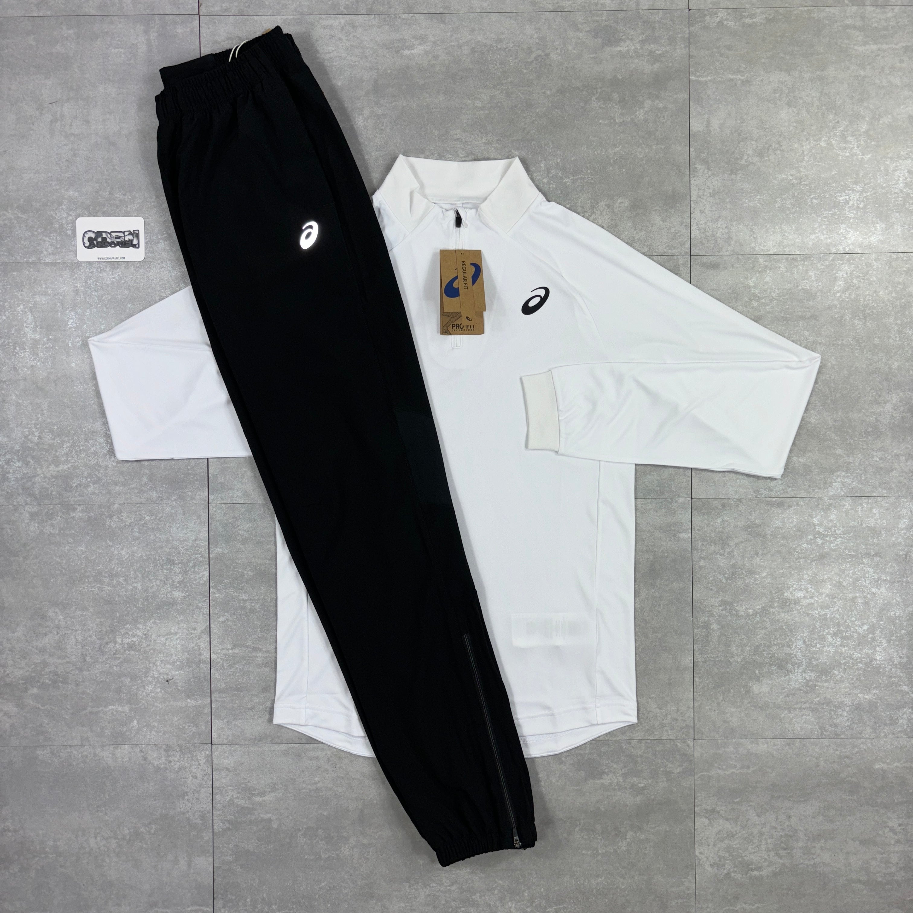 ASICS White Court 1/4 Zip & Black Core Woven Pants Set