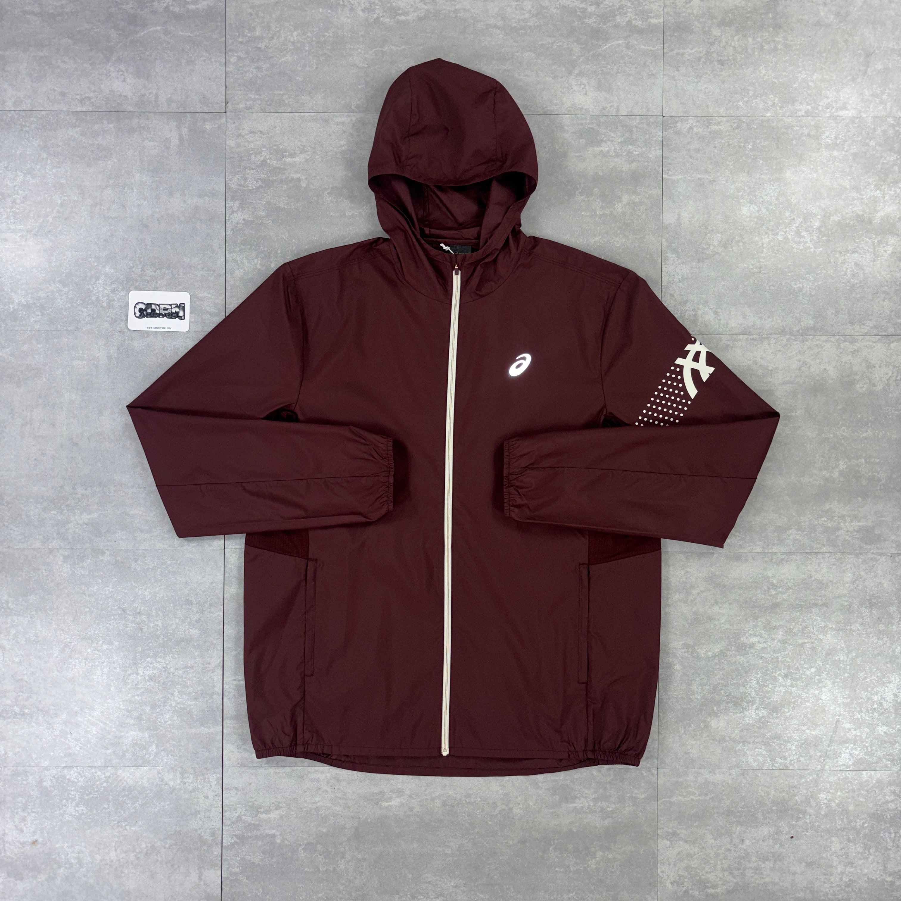 Asics Icon Windbreaker Jacket Maroon, Maroon Core T-Shirt & Maroon Asics Performance Shorts Set