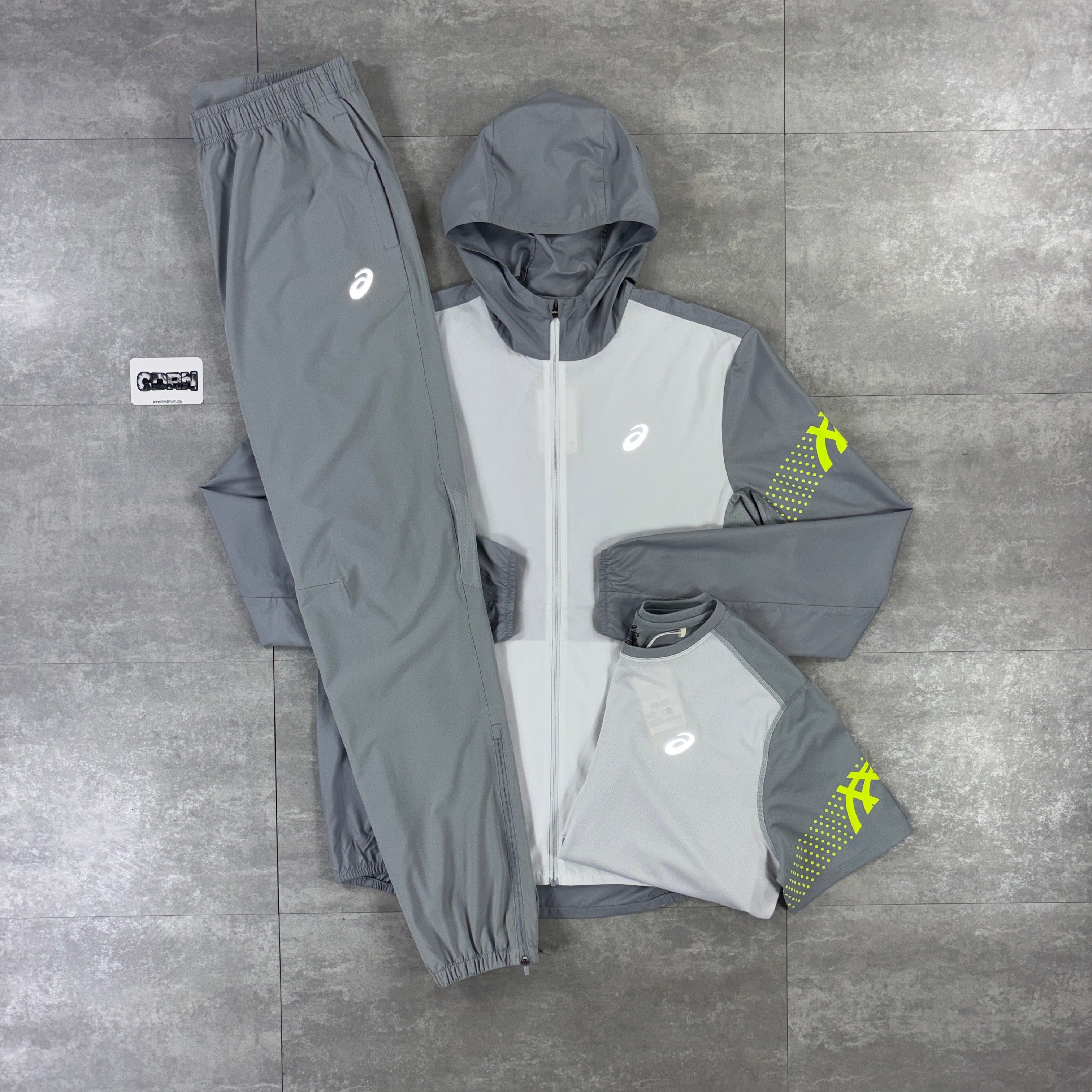 Asics Icon Windbreaker Jacket Grey / Neon, Grey / Neon Icon T-Shirt & Grey Asics Woven Pants Set