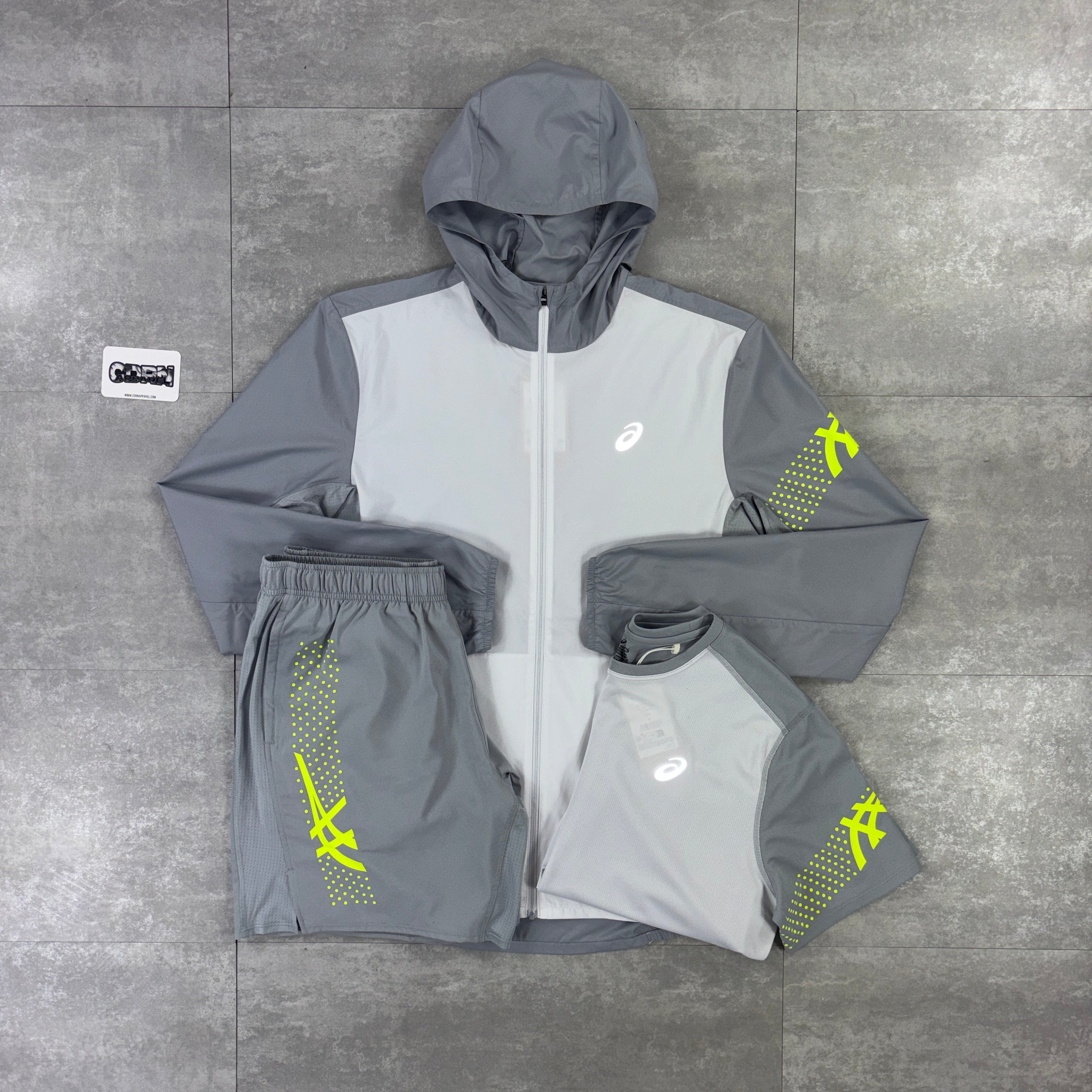 Asics Icon Windbreaker Jacket Grey / Neon, Grey / Neon Icon T-Shirt & Grey Asics Icon Shorts Set