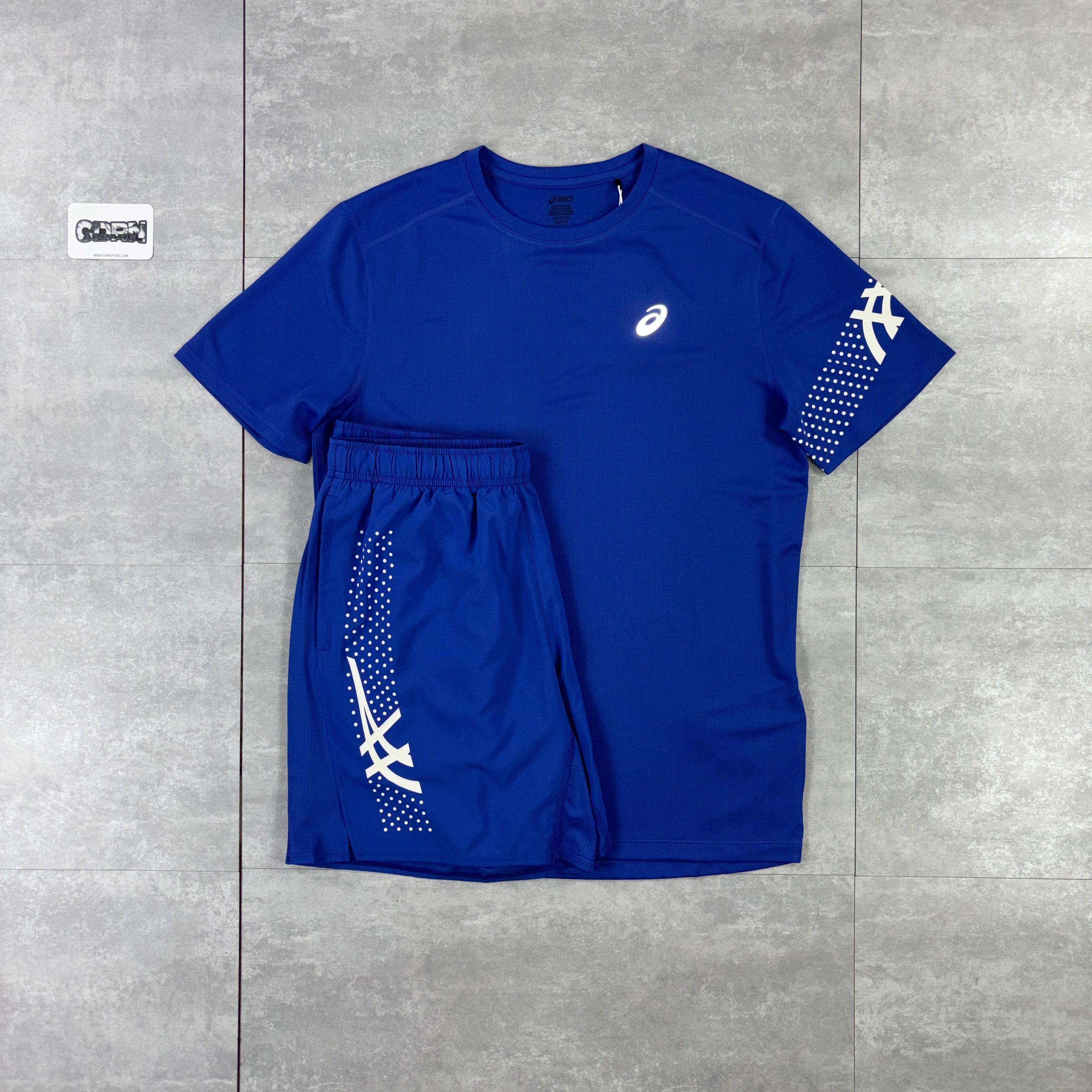 Asics Icon Windbreaker Jacket Dark Cobalt, Dark Cobalt Icon T-Shirt & Dark Cobalt Icon Performance Shorts Set