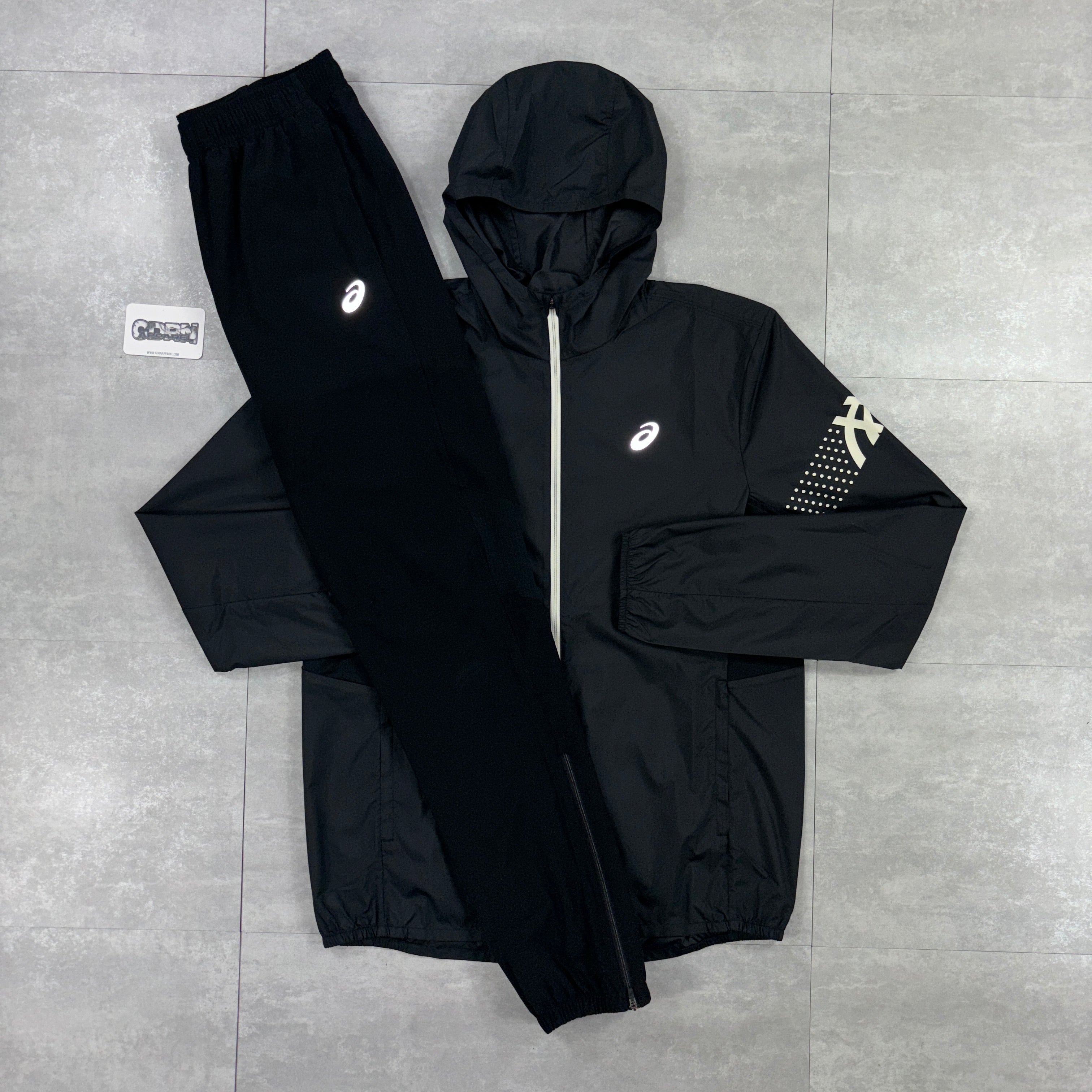 Asics Icon Windbreaker Jacket Black & Black Asics Challenger Pants Set