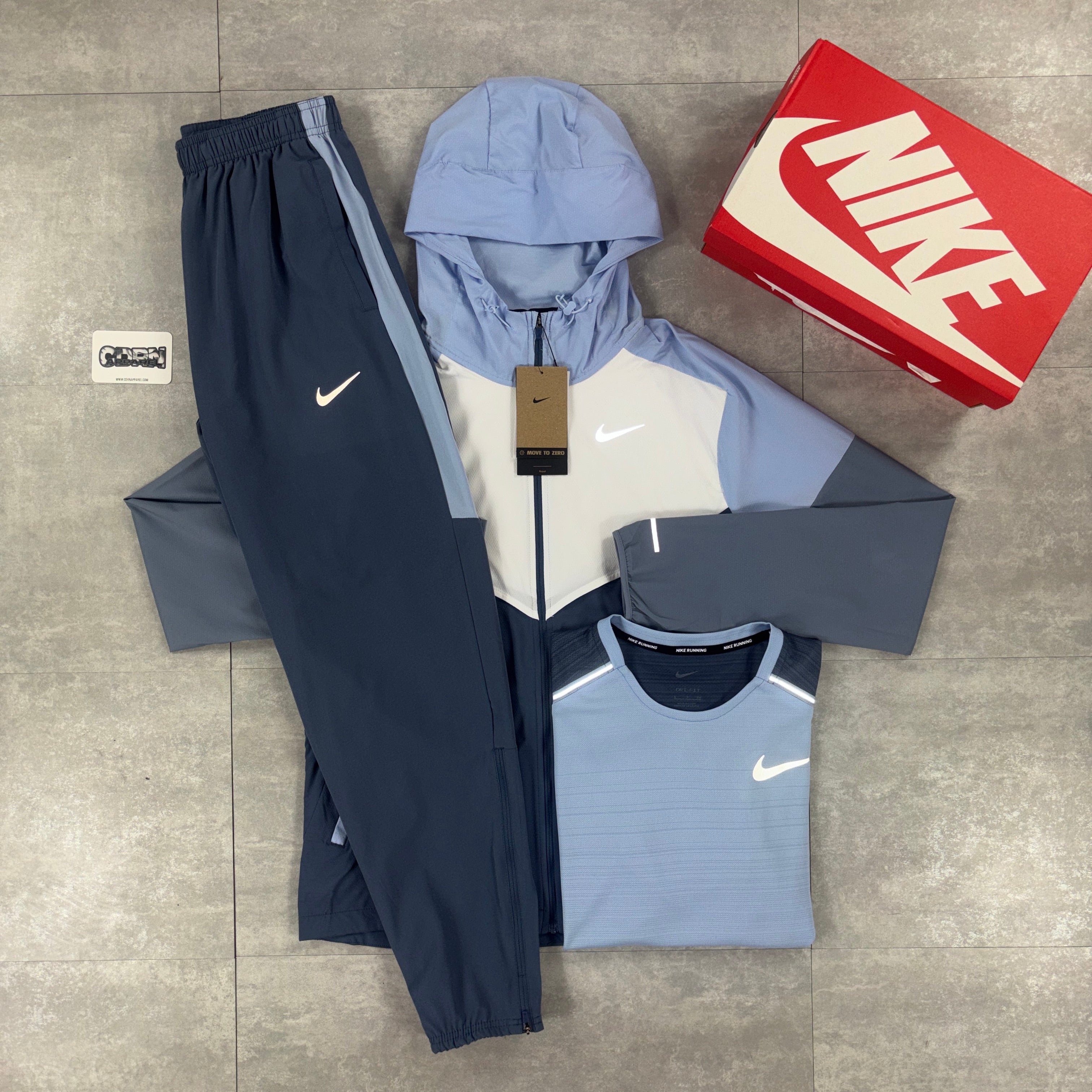 Nike Diffused Blue UV Windbreaker, Diffused Blue Miler 1.0 & Diffused Blue Challenger Pants Set