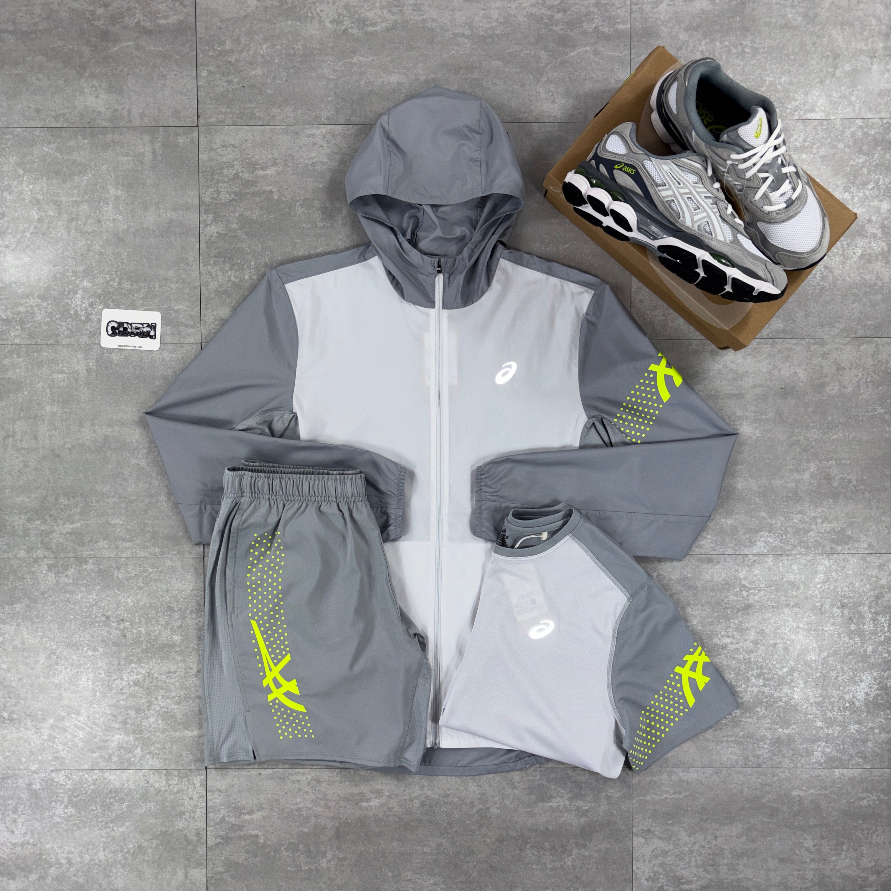 Asics Icon Windbreaker Jacket Grey / Neon, Grey / Neon Icon T-Shirt & Grey Asics Icon Shorts Set