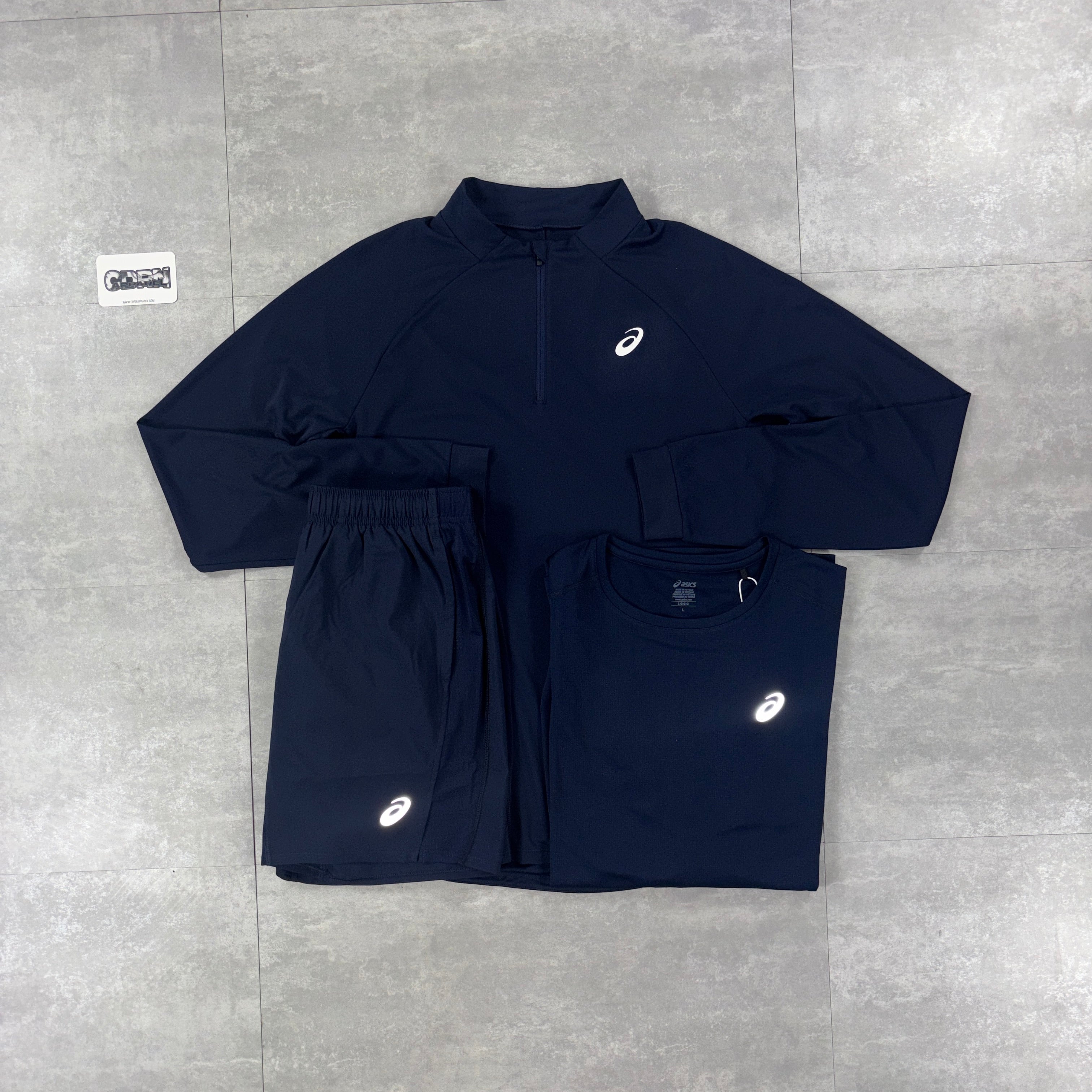 ASICS Navy 1/4 Zip, Navy Icon T-Shirt & Navy Icon Shorts Set