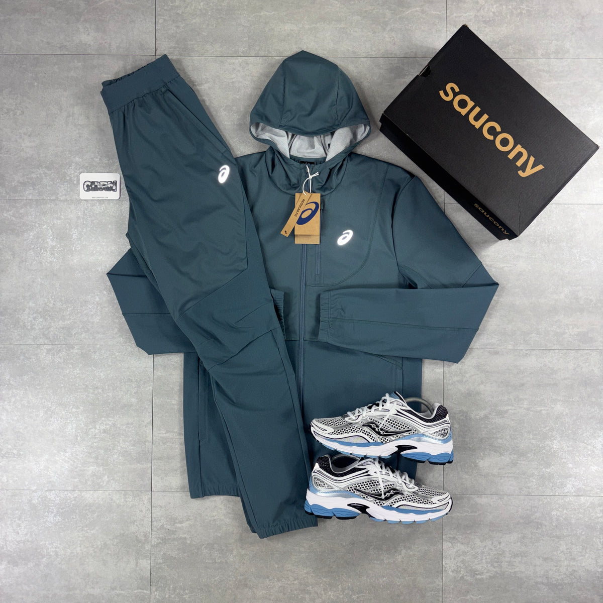 Asics Winter Running Windbreaker Jacket Blue & Blue Asics Winter Track Pants Set
