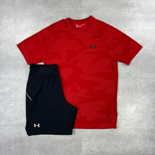 Under Armour Red Camo T-shirt & Black 7” Speed Pocket Shorts