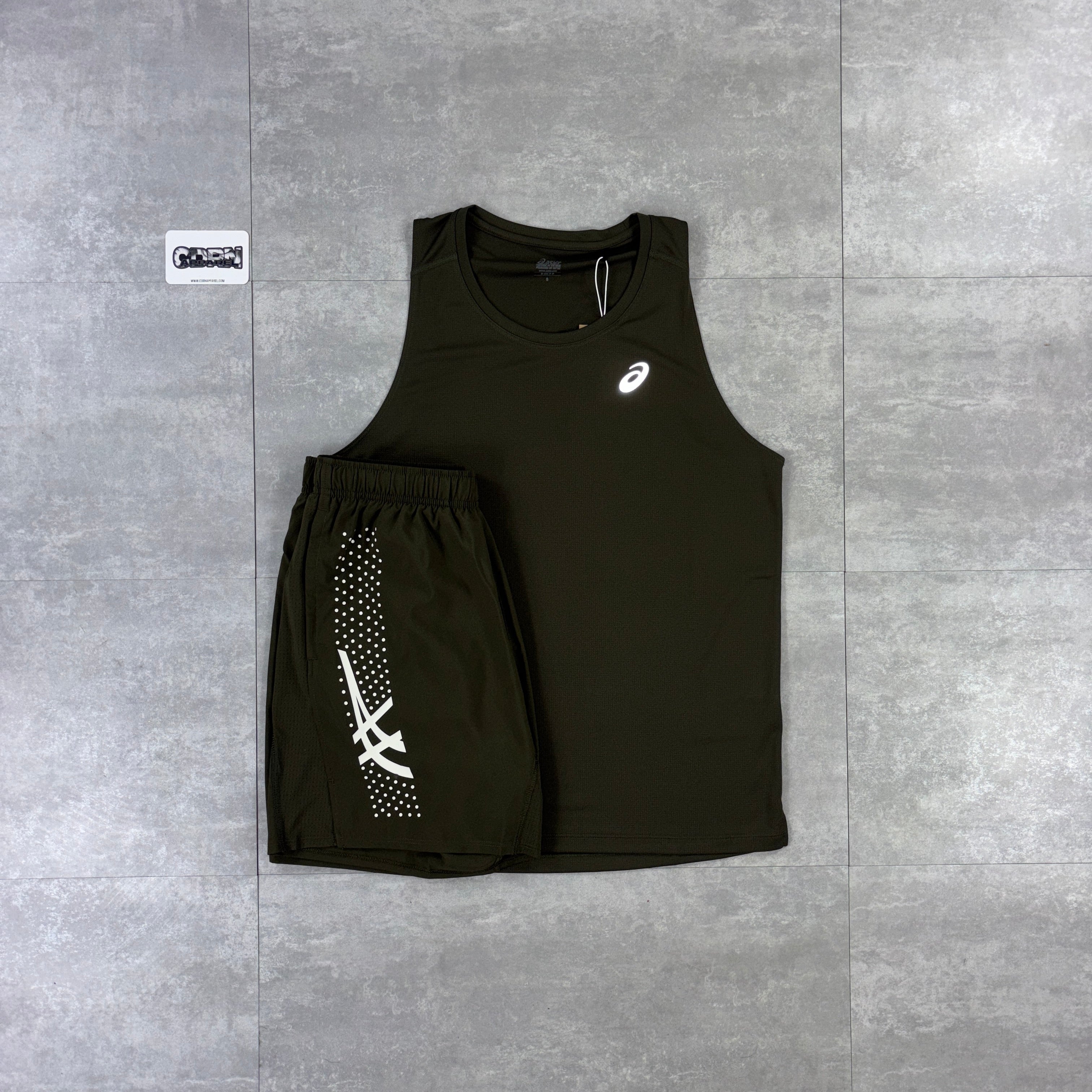 Asics Core Vest Khaki & Khaki Icon Shorts Set