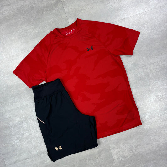 Under Armour Red Camo T-shirt & Black 7” Speed Pocket Shorts