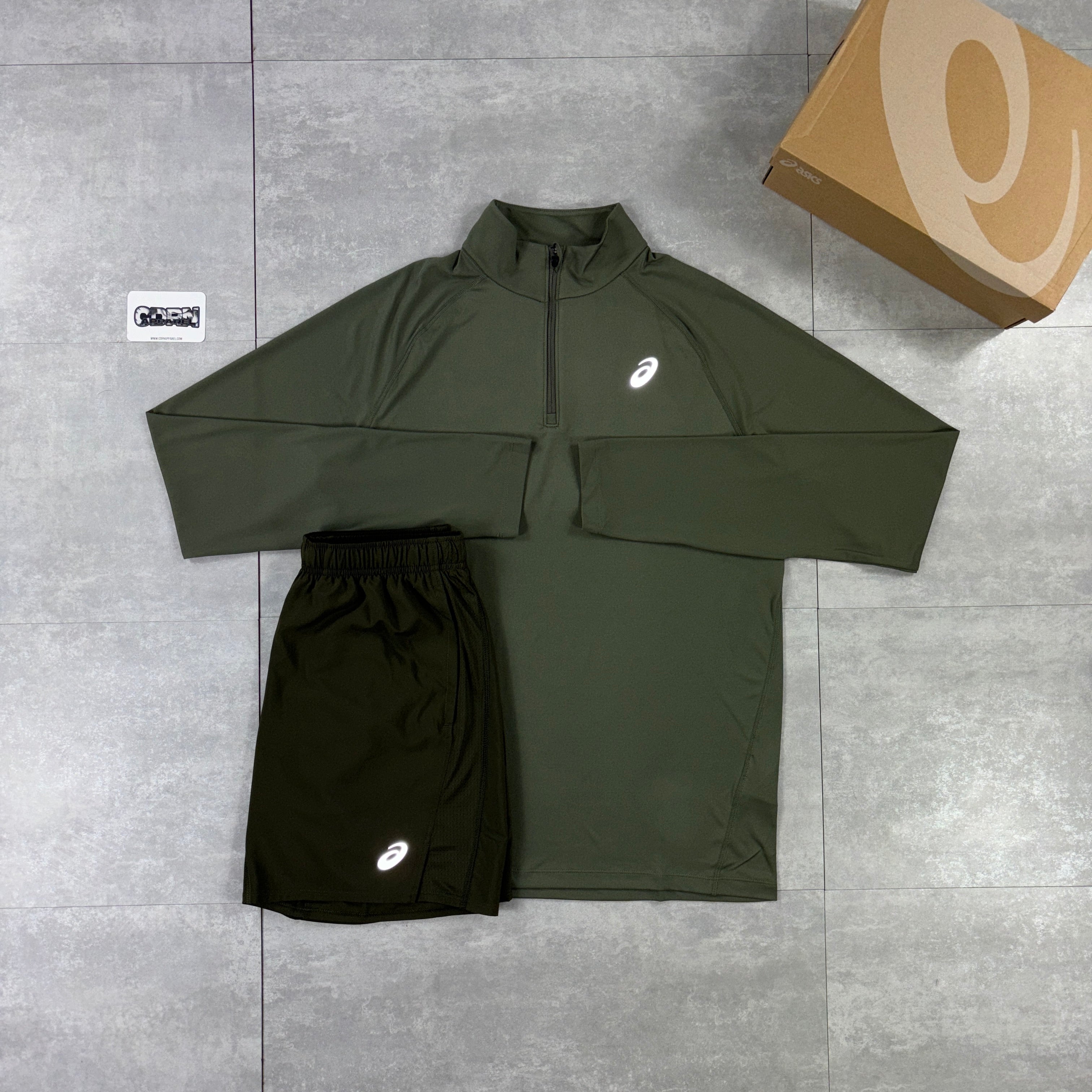 ASICS Khaki 1/4 Zip & Khaki Icon Shorts Set
