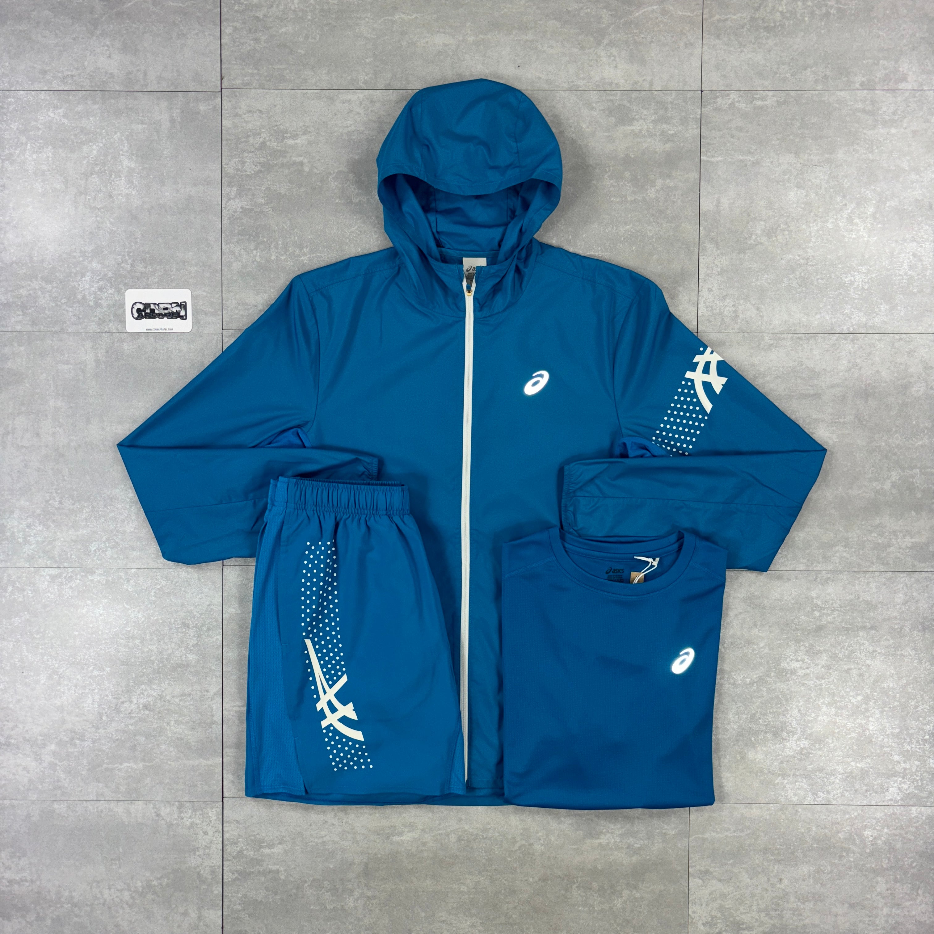 Asics Icon Windbreaker Jacket Ocean Blue, Ocean Blue Icon T-Shirt & Ocean Blue Asics Icon Shorts Set