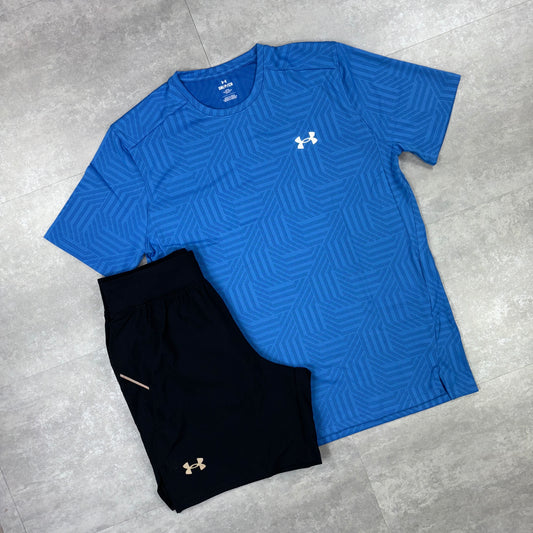 Under Armour Blue Geo Tessa Vent T-Shirt & Black 7” Speed Pocket Shorts