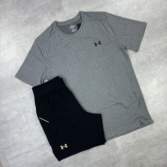 Under Armour Grey Geo Tessa Vent T-Shirt & Black 7” Speed Pocket Shorts