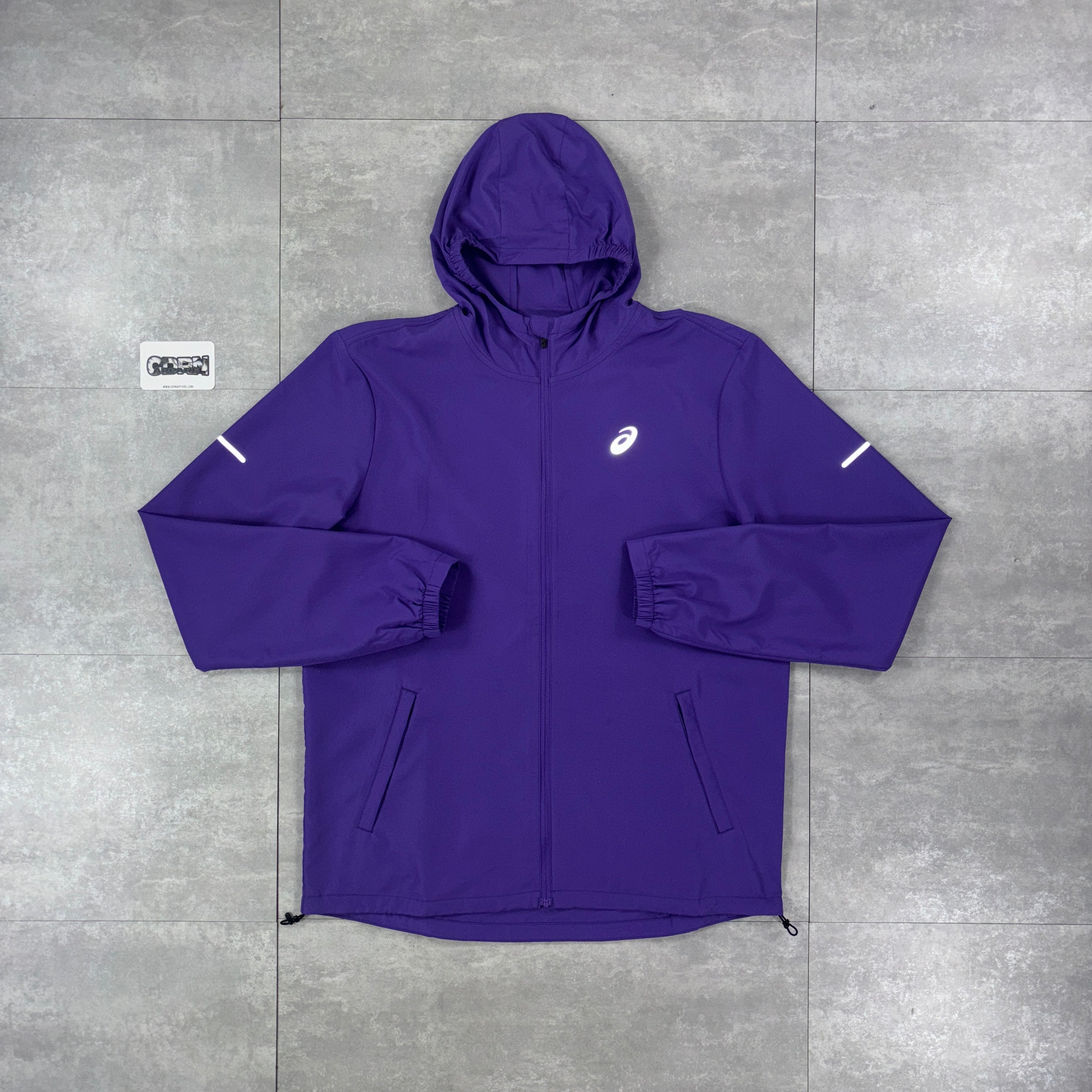 Asics Repel Windbreaker Jacket Deep Purple, Purple Seamless T-Shirt & Black Asics Performance Shorts Set