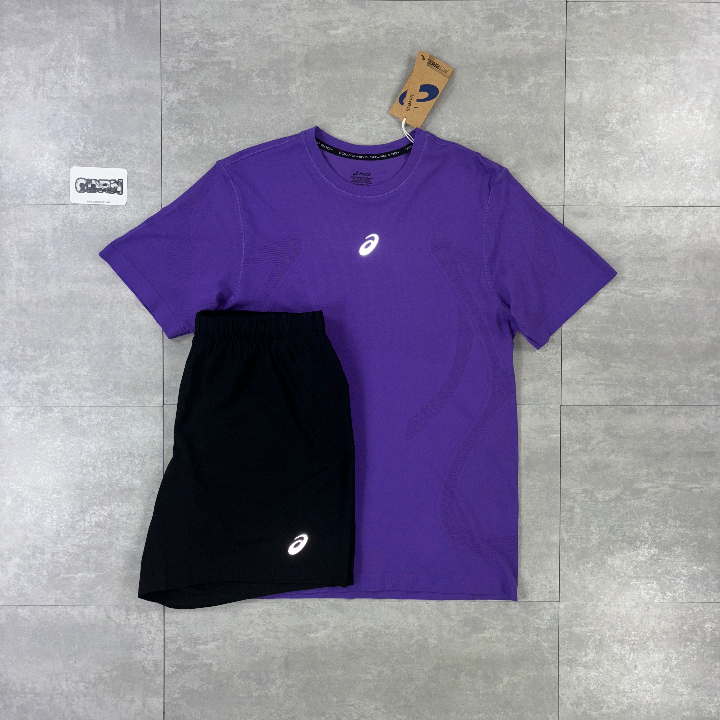 Asics Repel Windbreaker Jacket Deep Purple, Purple Seamless T-Shirt & Black Asics Performance Shorts Set