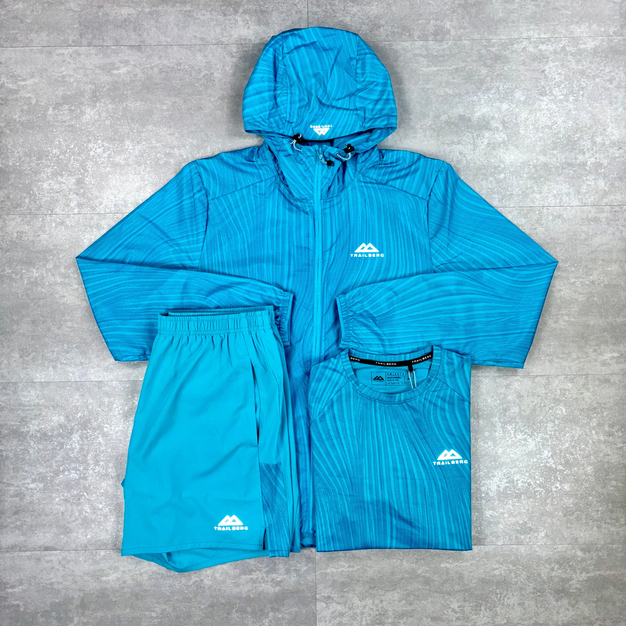 Trailberg Sky Blue Vertex Windbreaker, Vertex Tee & Vertex Shorts