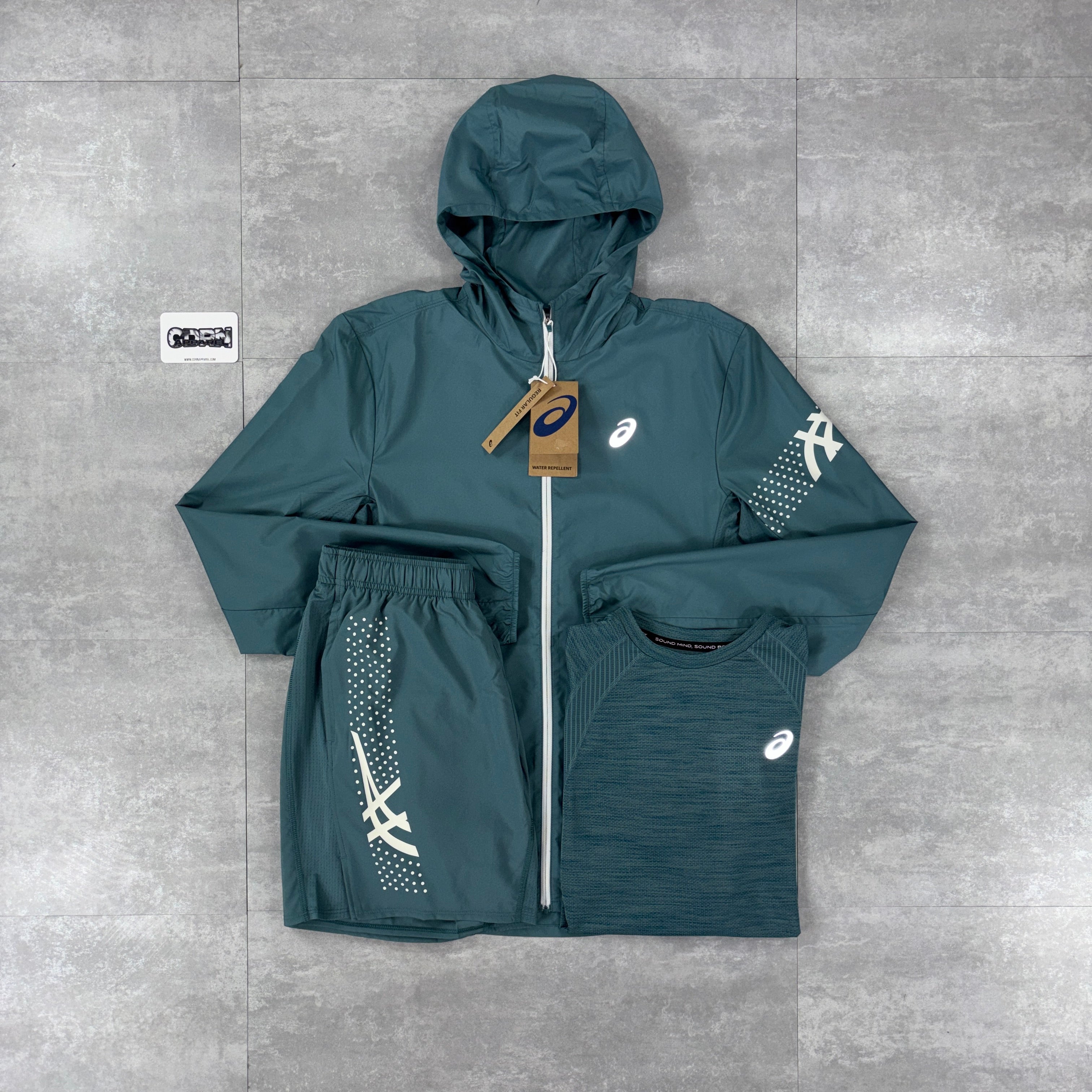Asics Icon Windbreaker Jacket Foggy Teal, Foggy Teal Seamless T-Shirt & Foggy Teal Asics Icon Shorts Set