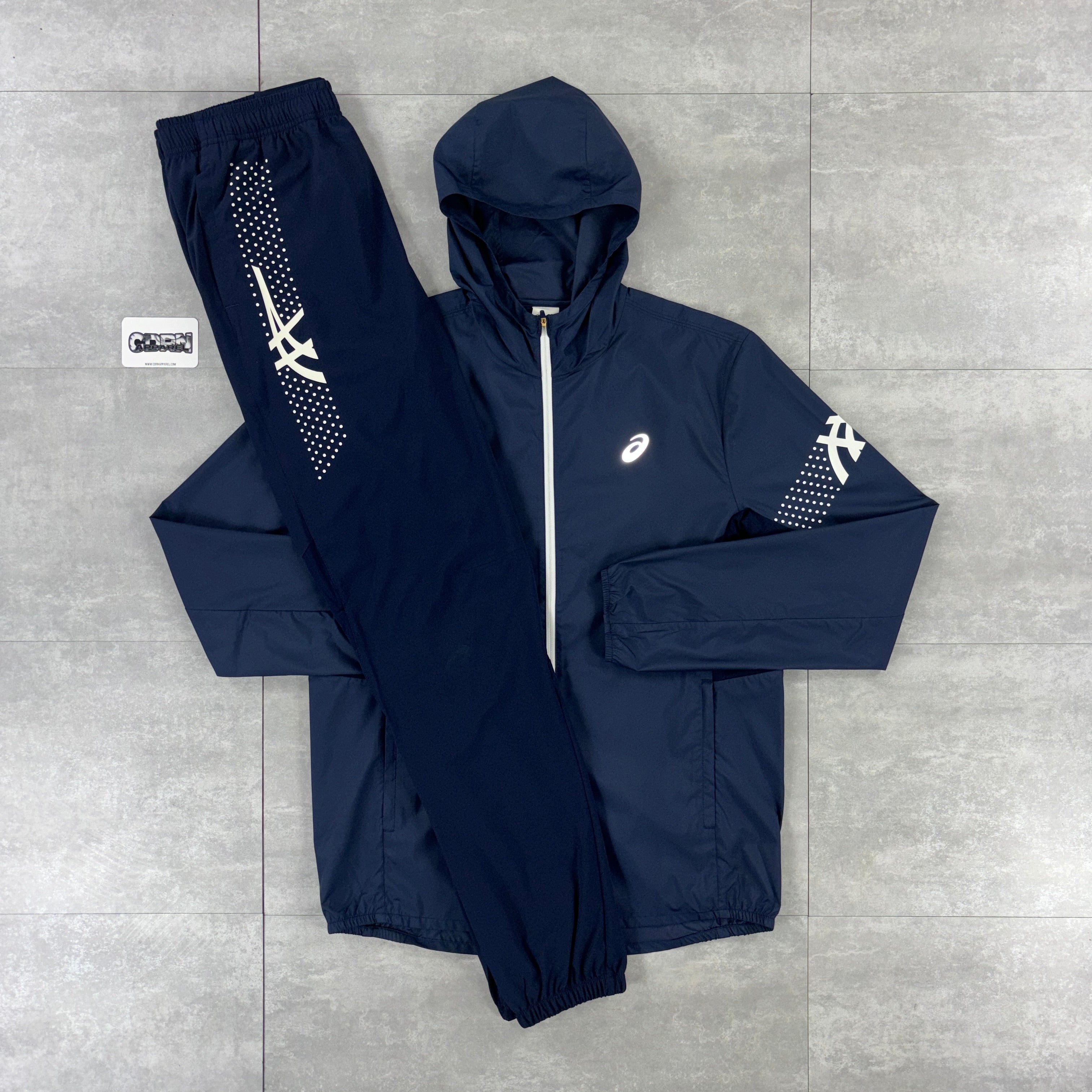 Asics Icon Windbreaker Jacket Navy & Navy Asics Challenger Pants Set