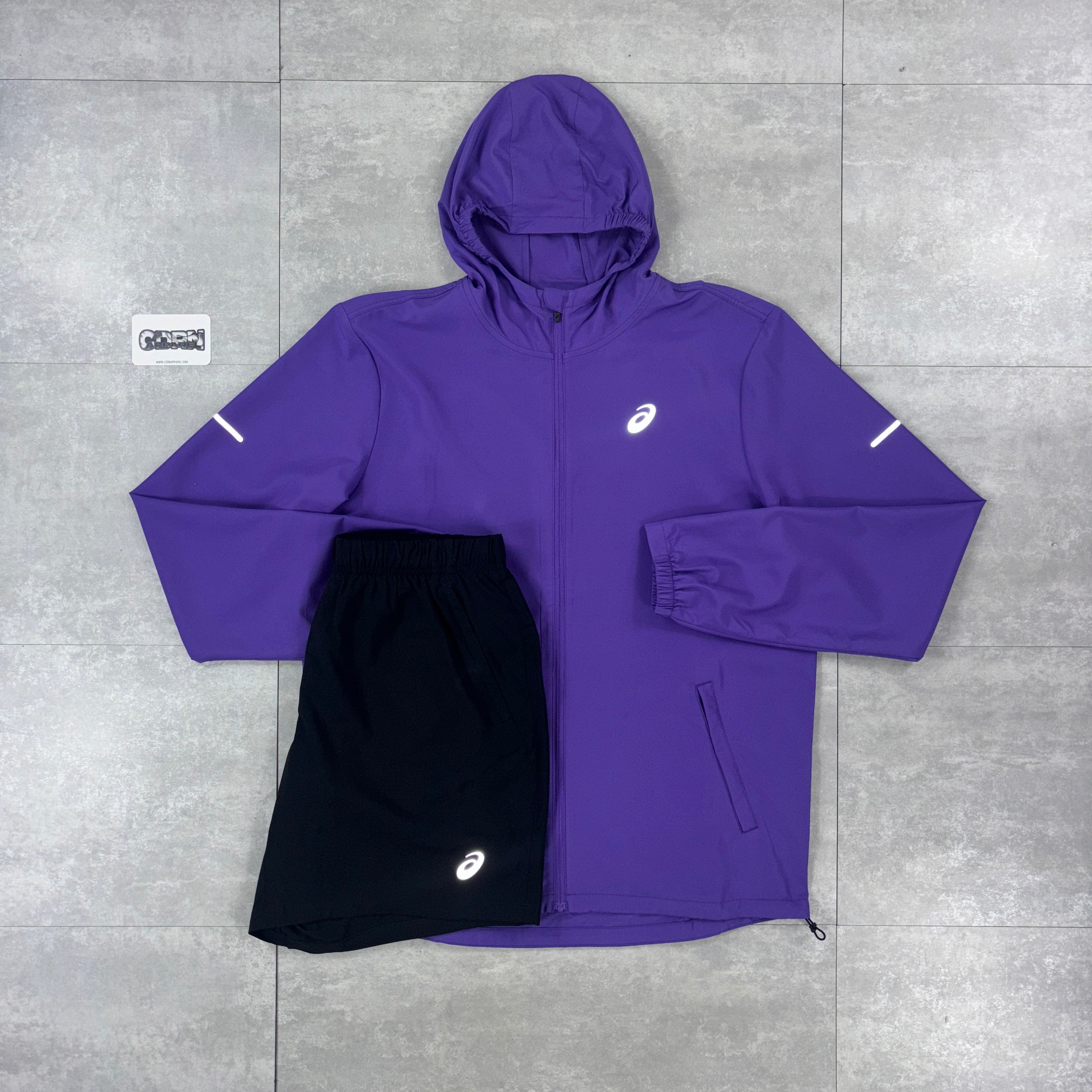 Asics Repel Windbreaker Jacket Deep Purple & Black Asics Performance Shorts Set
