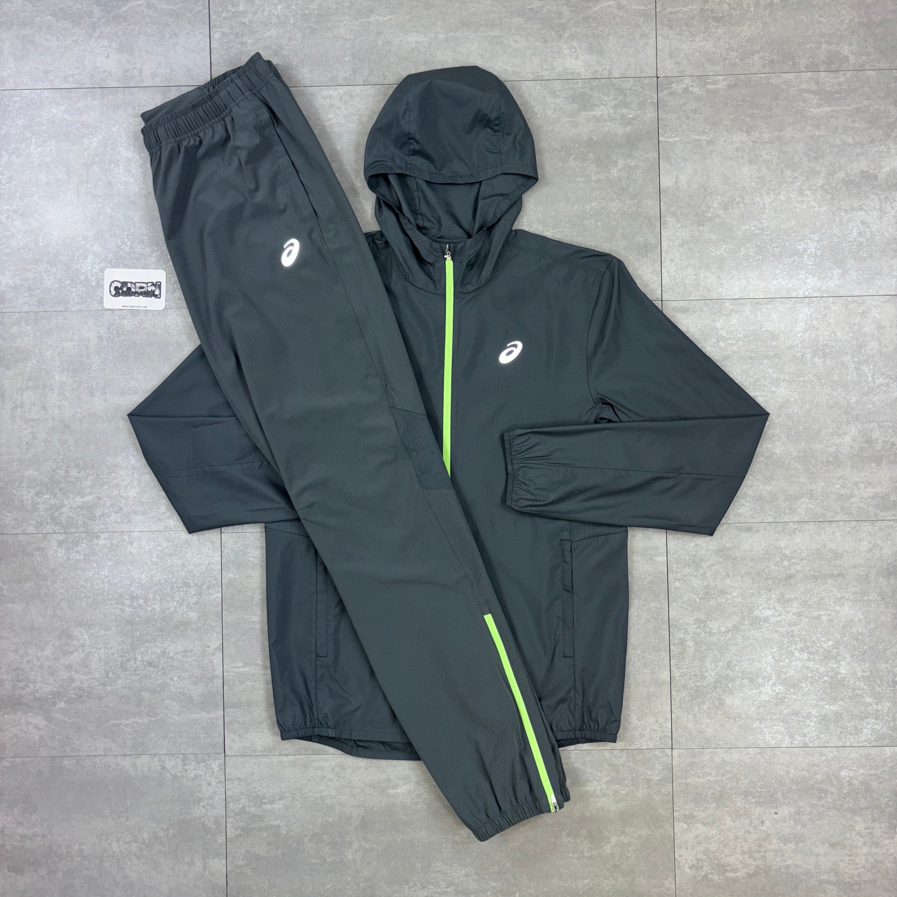 Asics Icon Windbreaker Jacket Grey / Neon & Grey Asics Challenger Pants Set