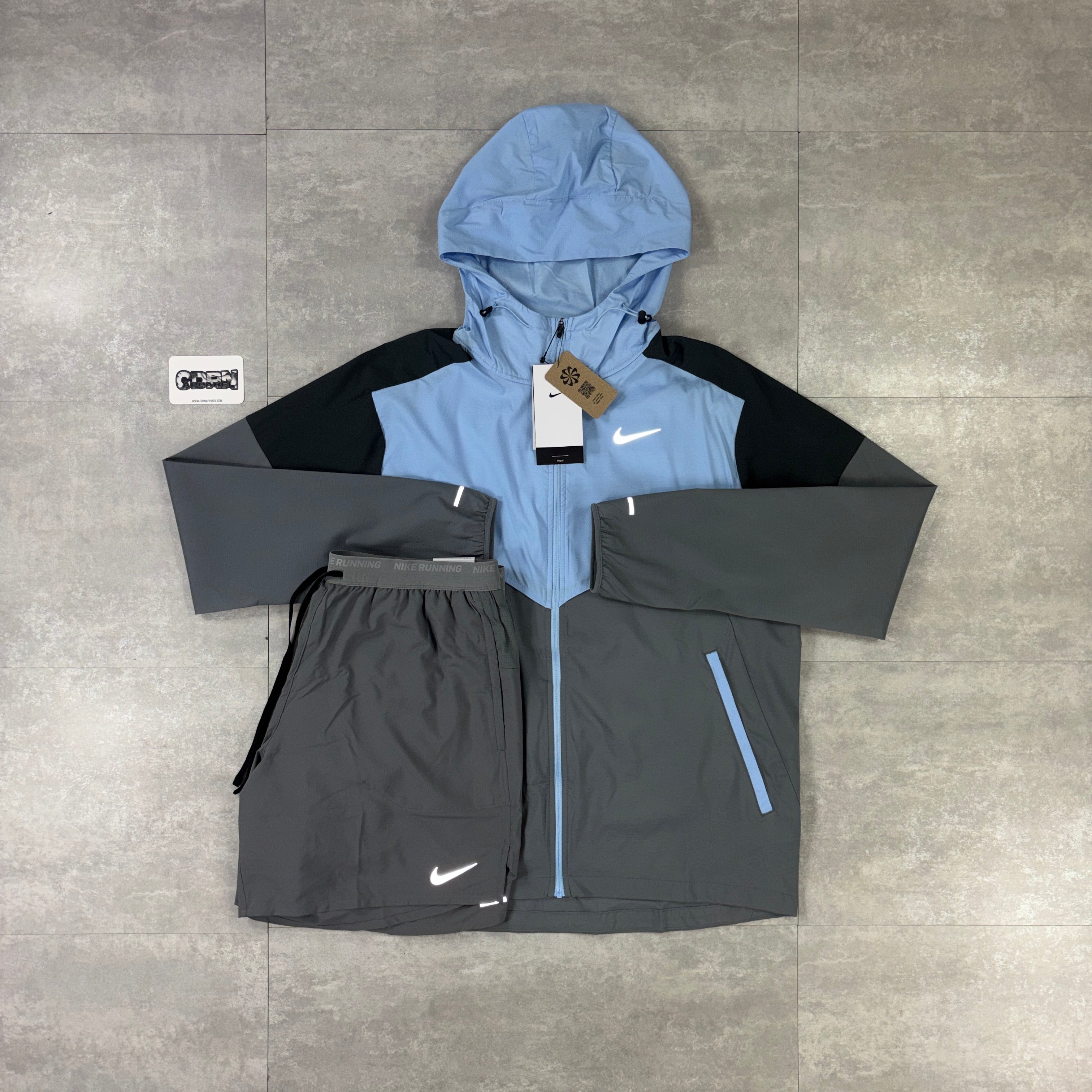 Nike Psychic Blue UV Windbreaker & Grey Flex Stride Shorts Set