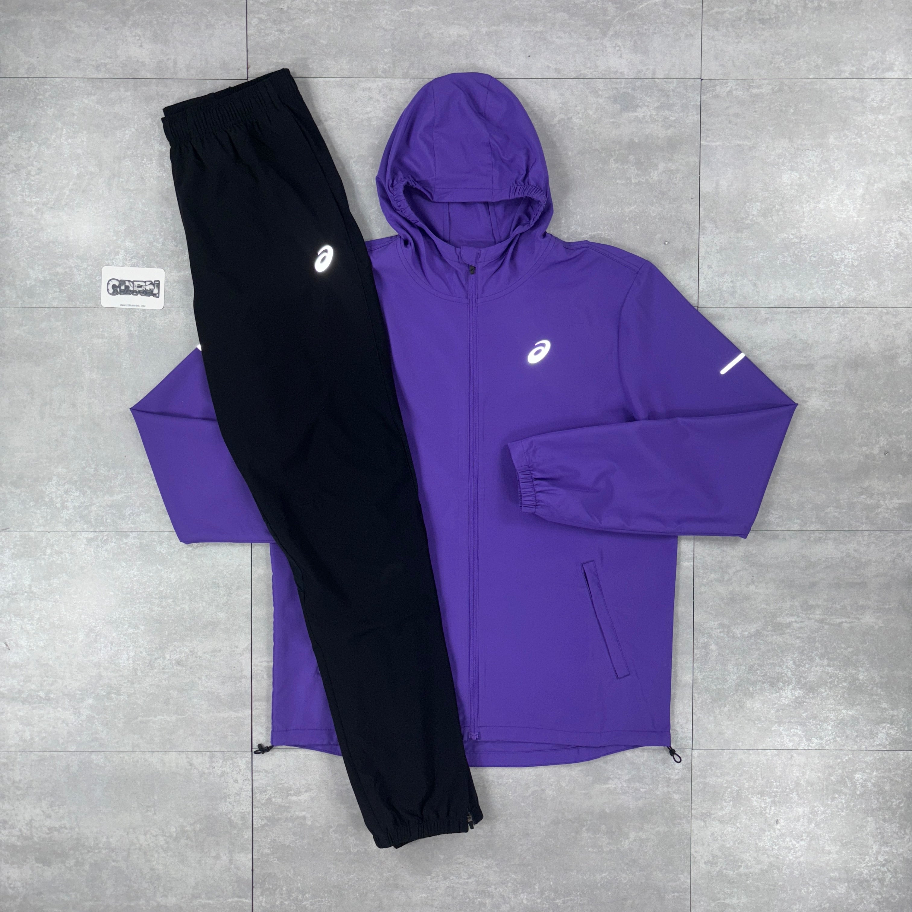 Asics Repel Windbreaker Jacket Deep Purple & Black Asics Challenger Pants Set