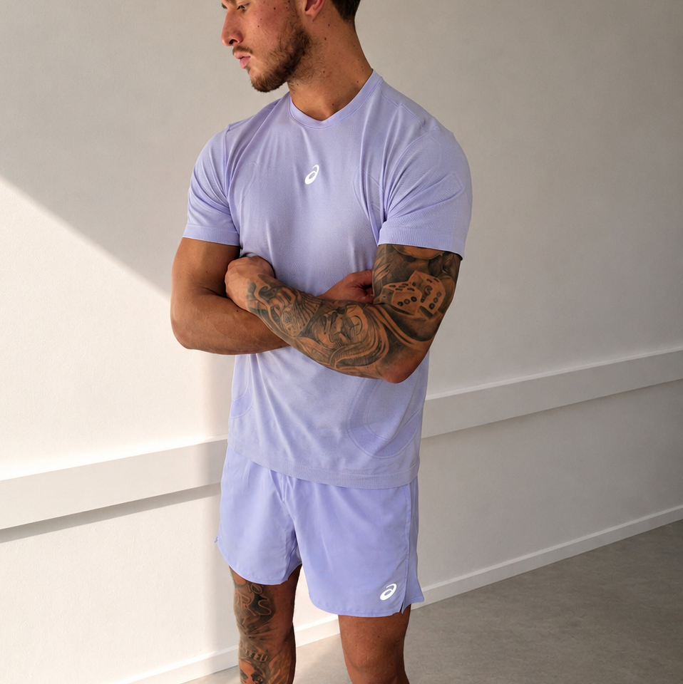 Asics Road Seamless T-Shirt Lavender & Lavender Performance Shorts Set
