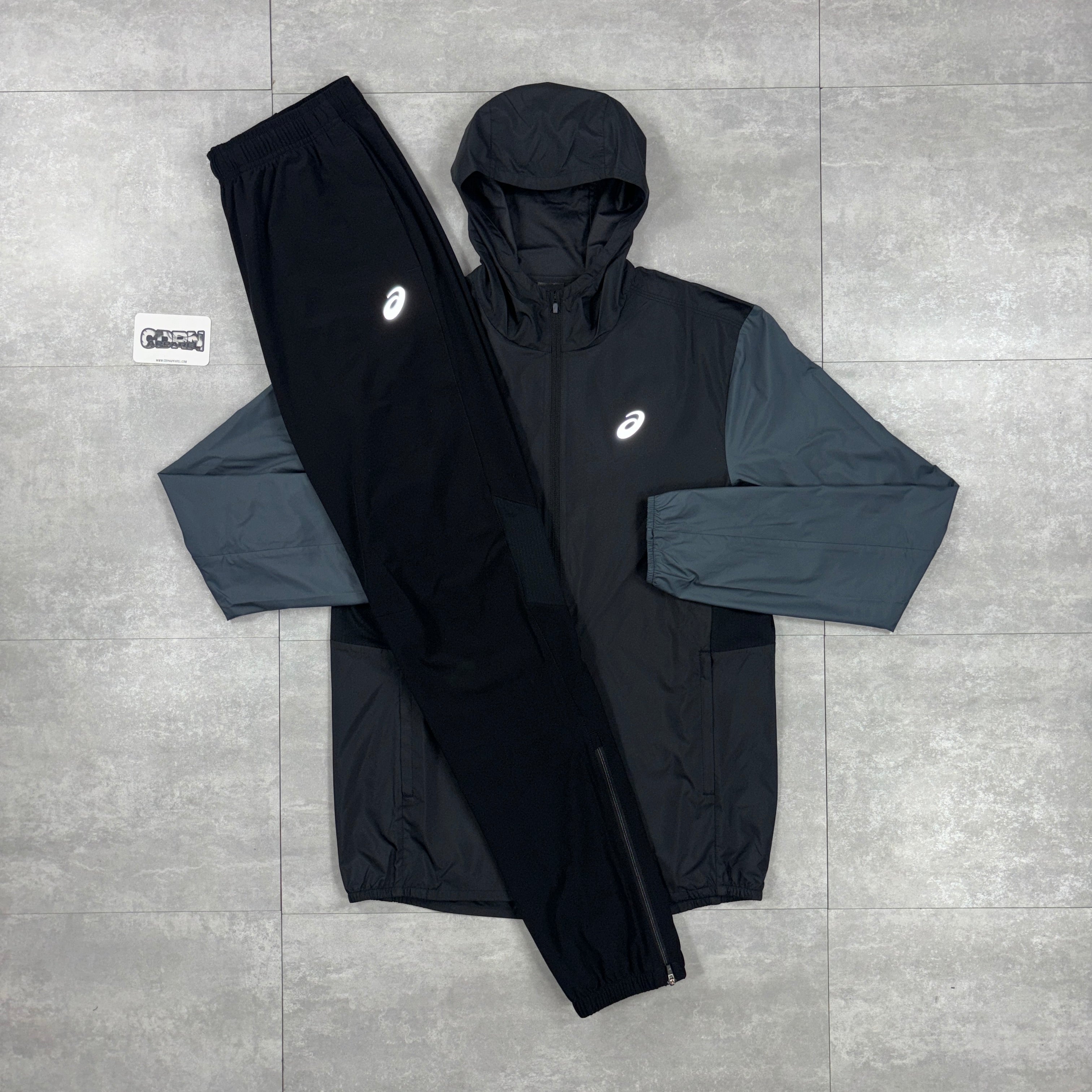 Asics Icon Windbreaker Jacket Black / Grey & Black Asics Challenger Pants Set