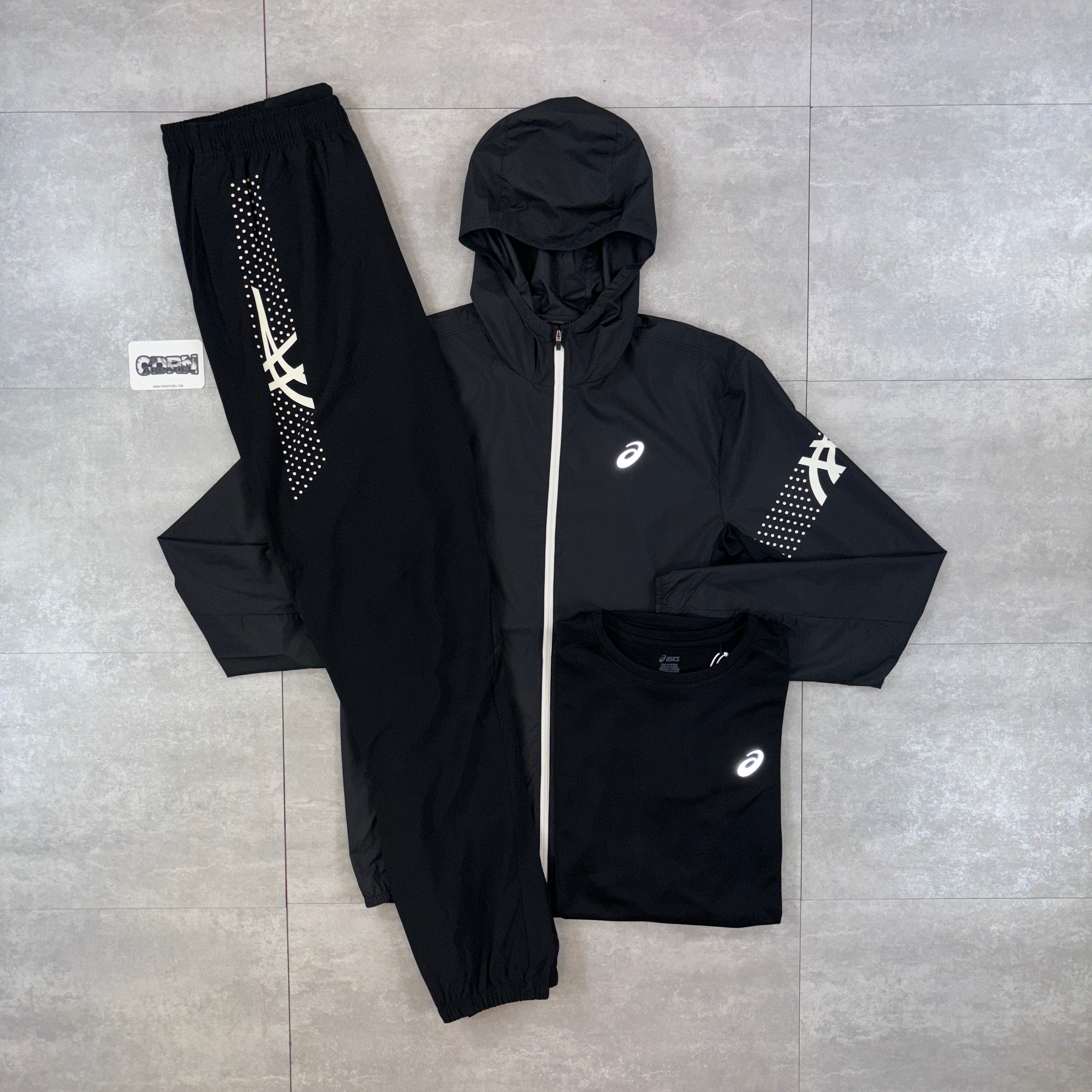 Asics Icon Windbreaker Jacket Black, Black Icon T-Shirt & Black Asics Challenger Pants Set