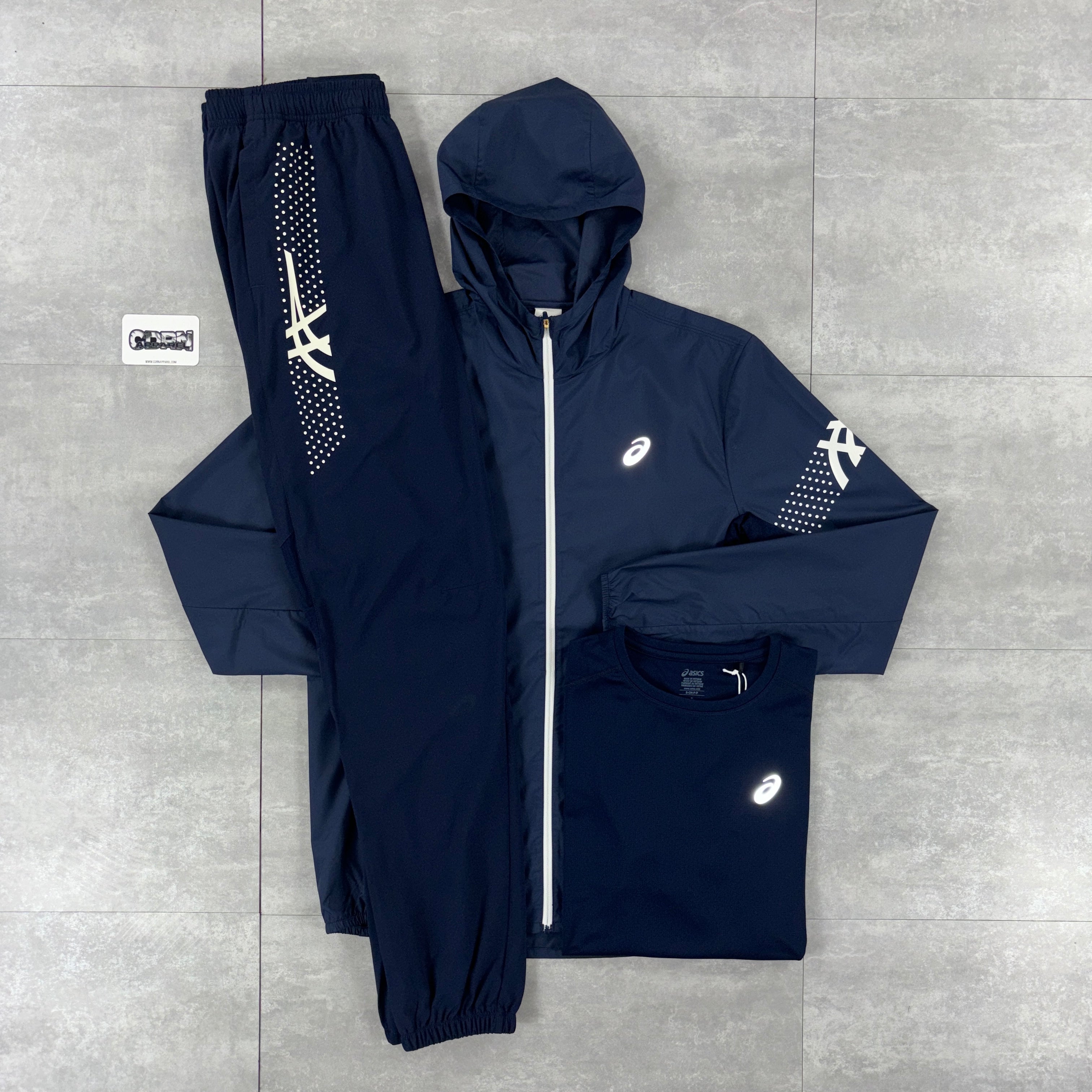 Asics Icon Windbreaker Jacket Navy, Navy Icon T-Shirt & Navy Asics Icon Pants Set