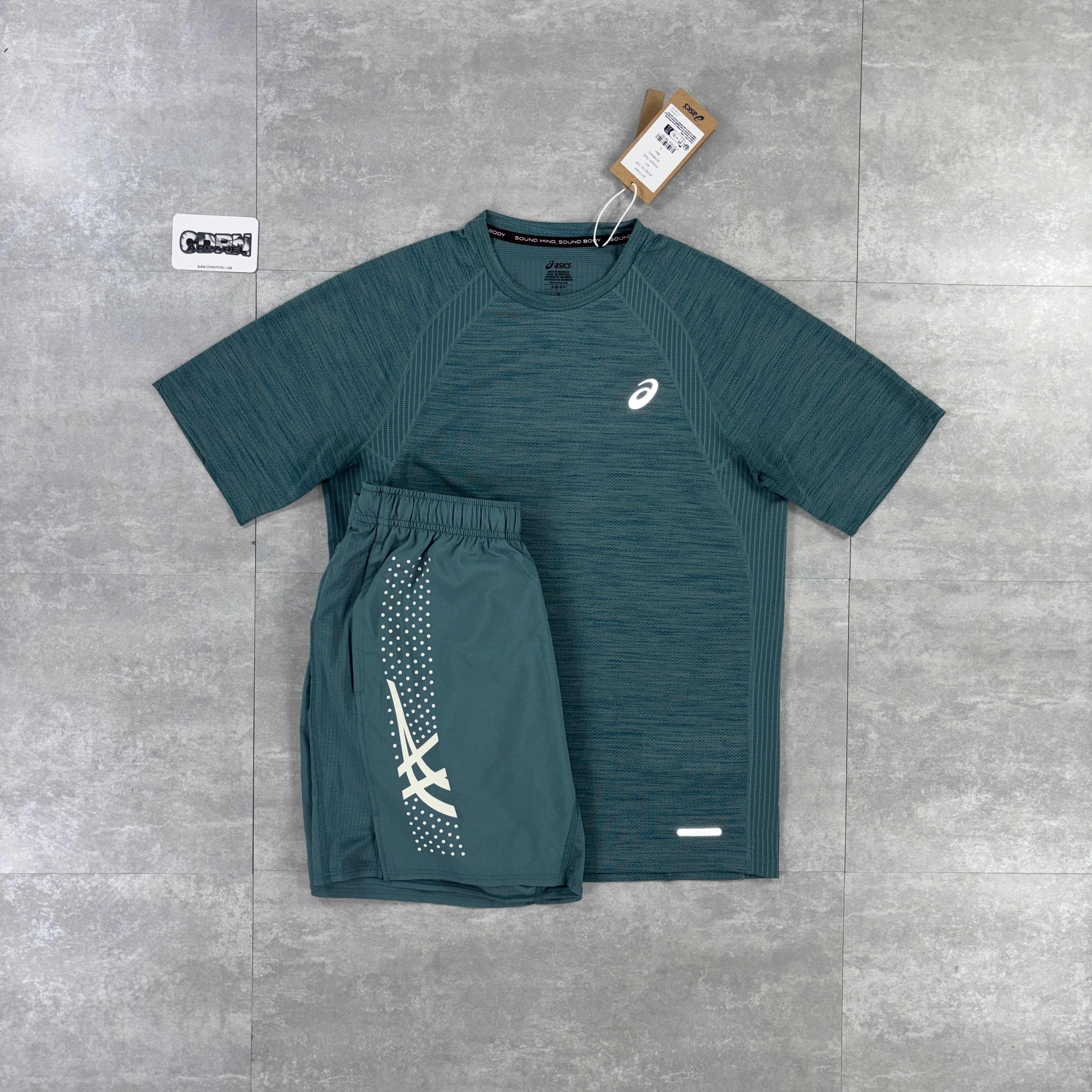 Asics Road Seamless T-Shirt Teal & Teal Asics Icon Shorts Set