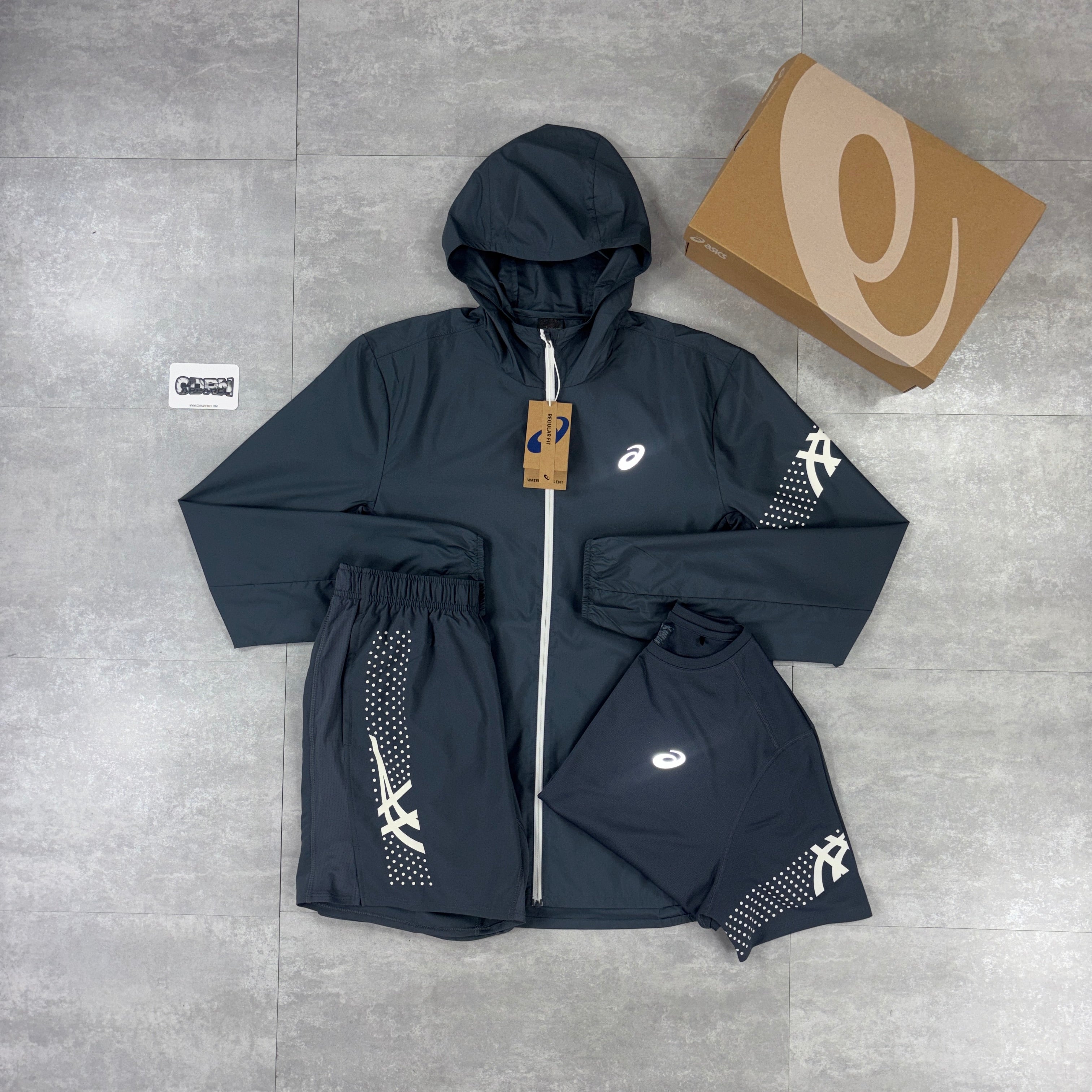 Asics Icon Windbreaker Jacket Carrier Grey, Carrier Grey Icon T-Shirt & Carrier Grey Asics Icon Shorts Set