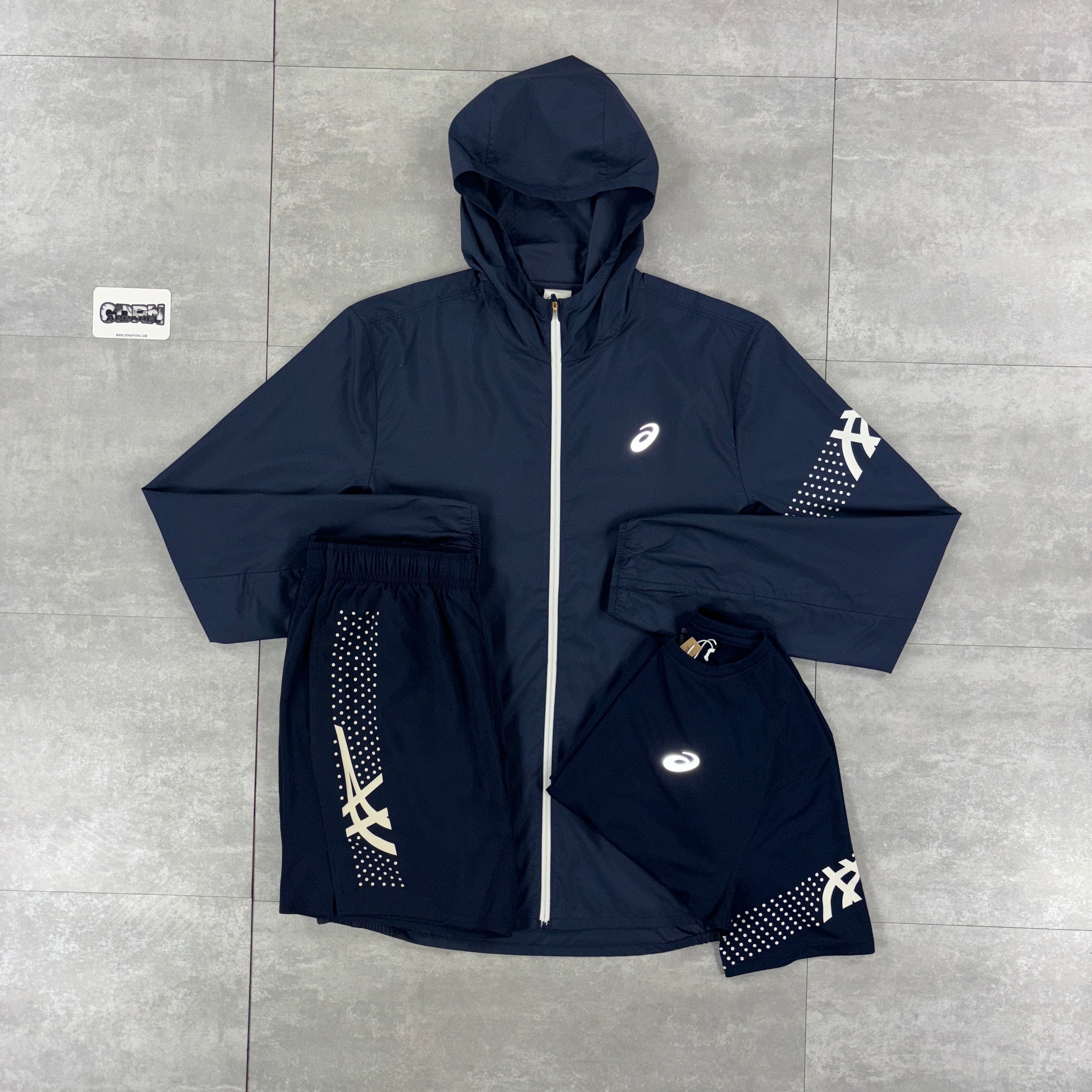 Asics Icon Windbreaker Jacket Navy, Navy Icon T-Shirt & Navy Asics Icon Shorts Set
