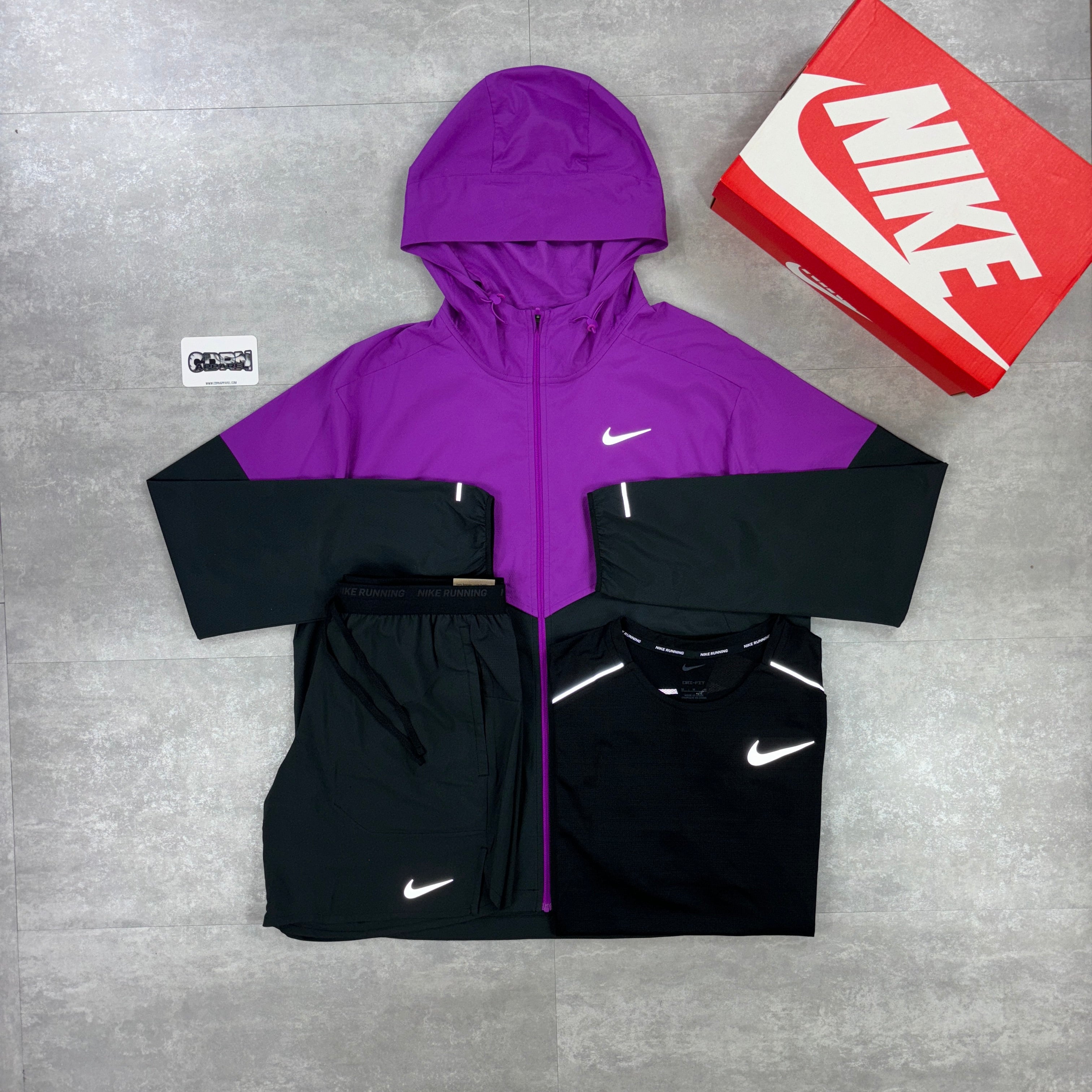 Nike Vivid Purple UV Windbreaker, Black Miler 1.0 & Black Flex Stride Shorts Set