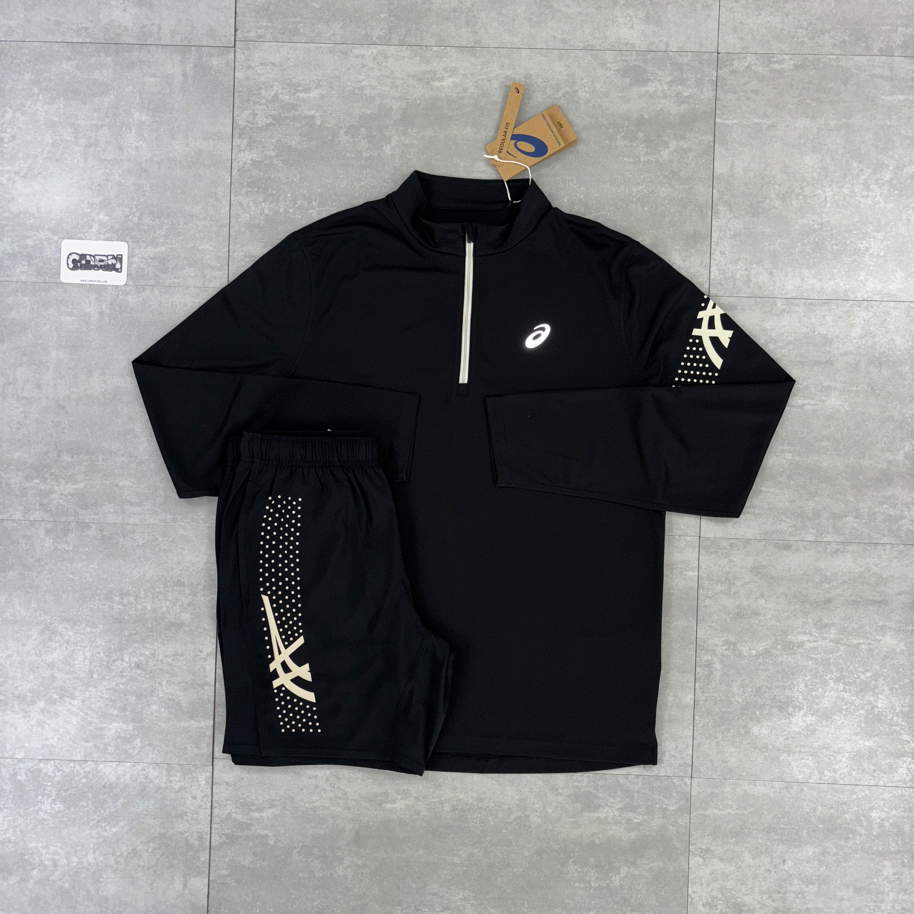 Asics Icon 1/4 Zip Black / White & Black Icon Shorts Sets