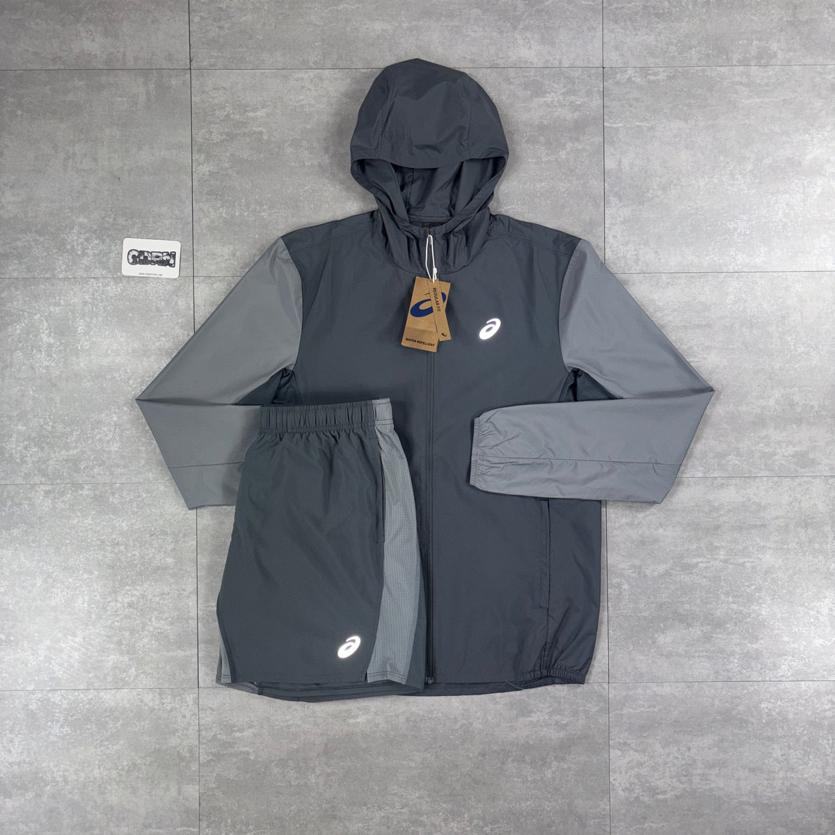 Asics Core Windbreaker Jacket Grey & Grey Asics Colourblock Shorts Set