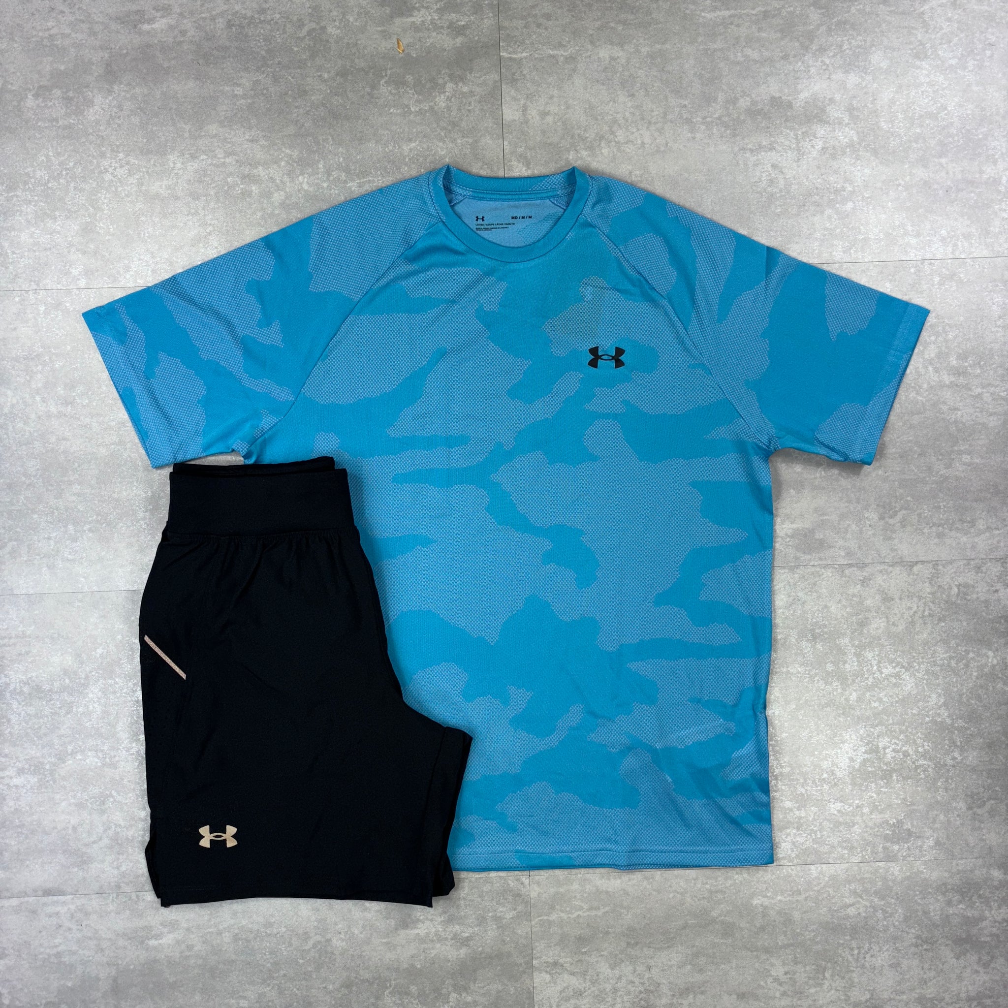 Under Armour Aqua Blue Camo T-shirt & Black 7” Speed Pocket Shorts