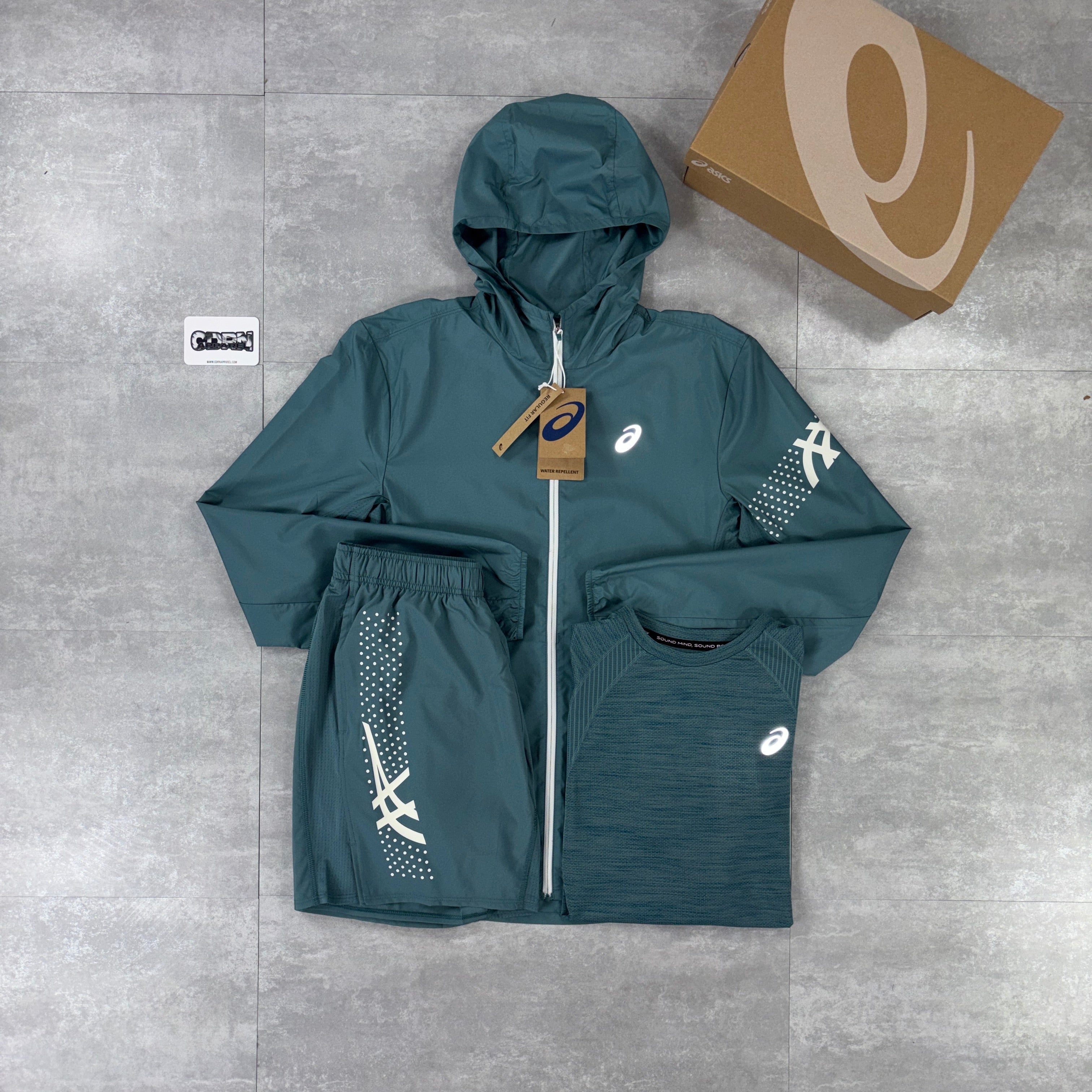 Asics Icon Windbreaker Jacket Foggy Teal, Foggy Teal Seamless T-Shirt & Foggy Teal Asics Icon Shorts Set