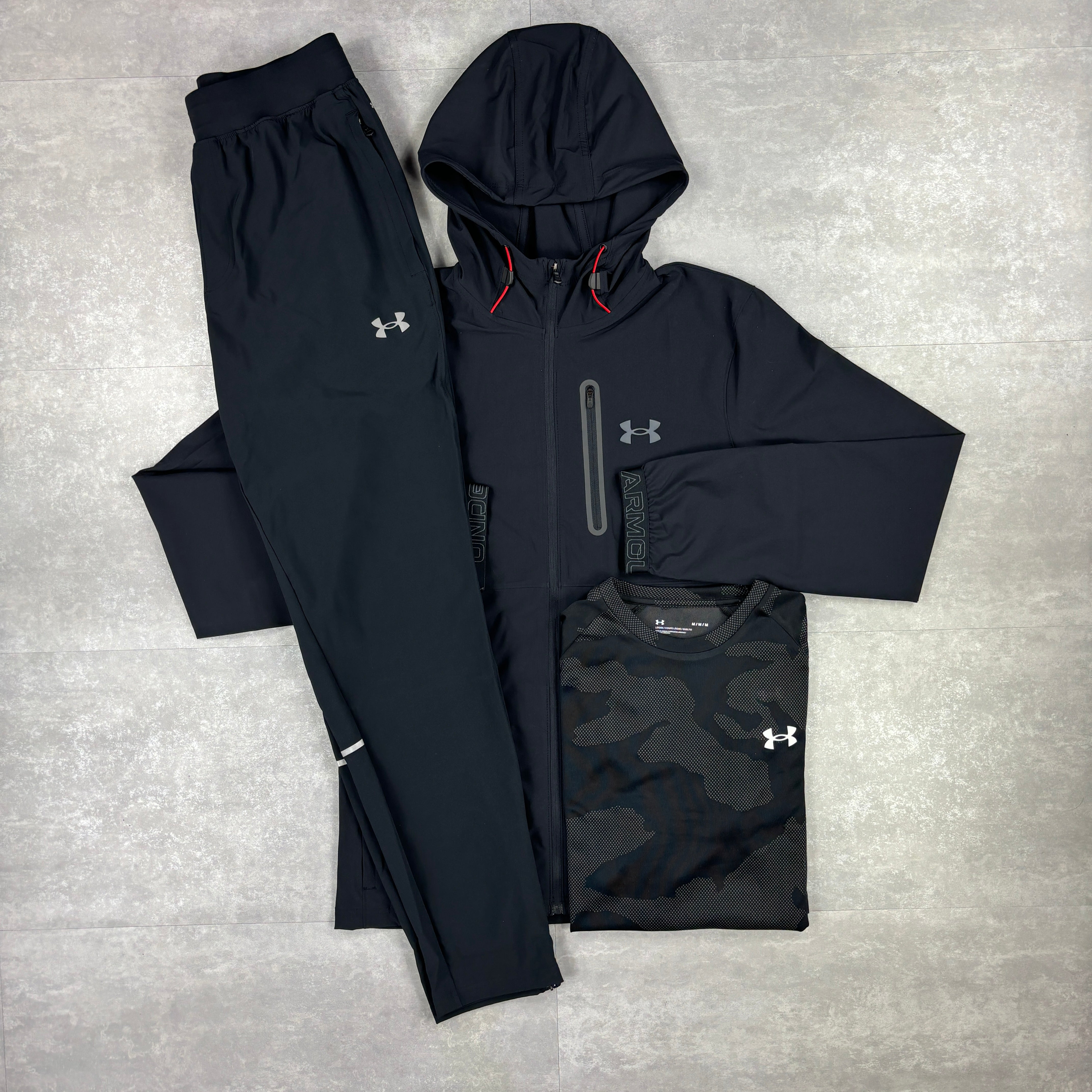 Under Armour Black Vanish Woven Windbreaker & Black Storm Pants Set