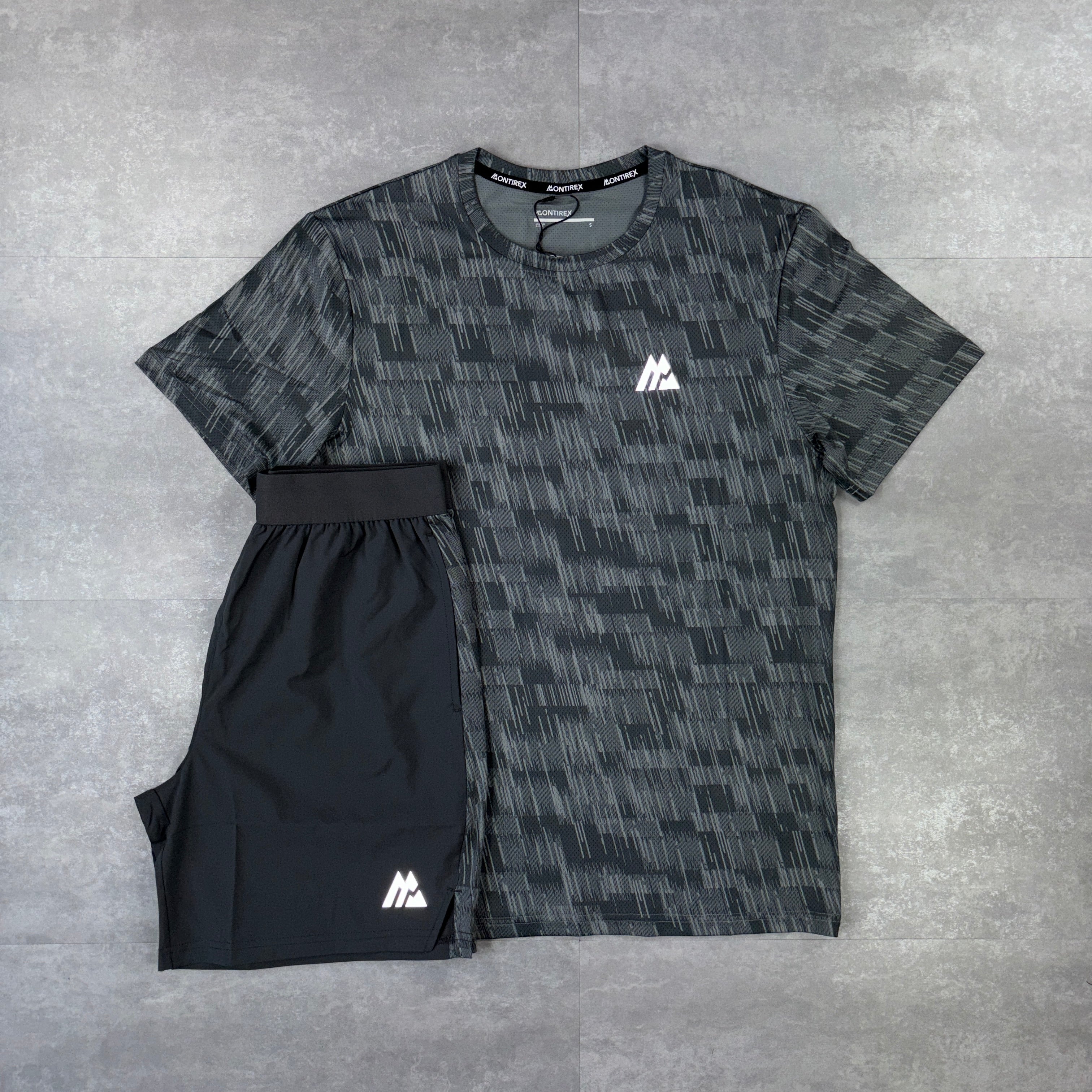 Montirex Trace Grey AOP T-Shirt & Grey Panel Shorts Sety